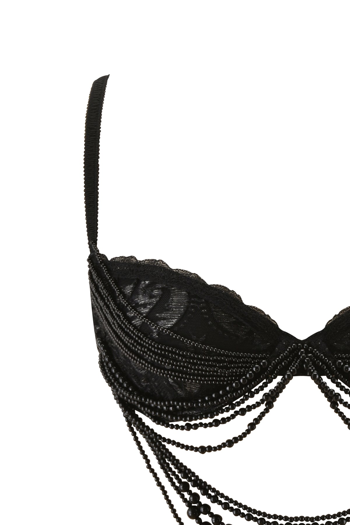 Close-up of the I.AM.GIA VERON BRA - BLACK, featuring intricate black lace adorned with decorative beaded chains draping across the front. The image captures one strap and part of the cup against a white background, showcasing the detailed design that makes this piece an ideal festival bra.