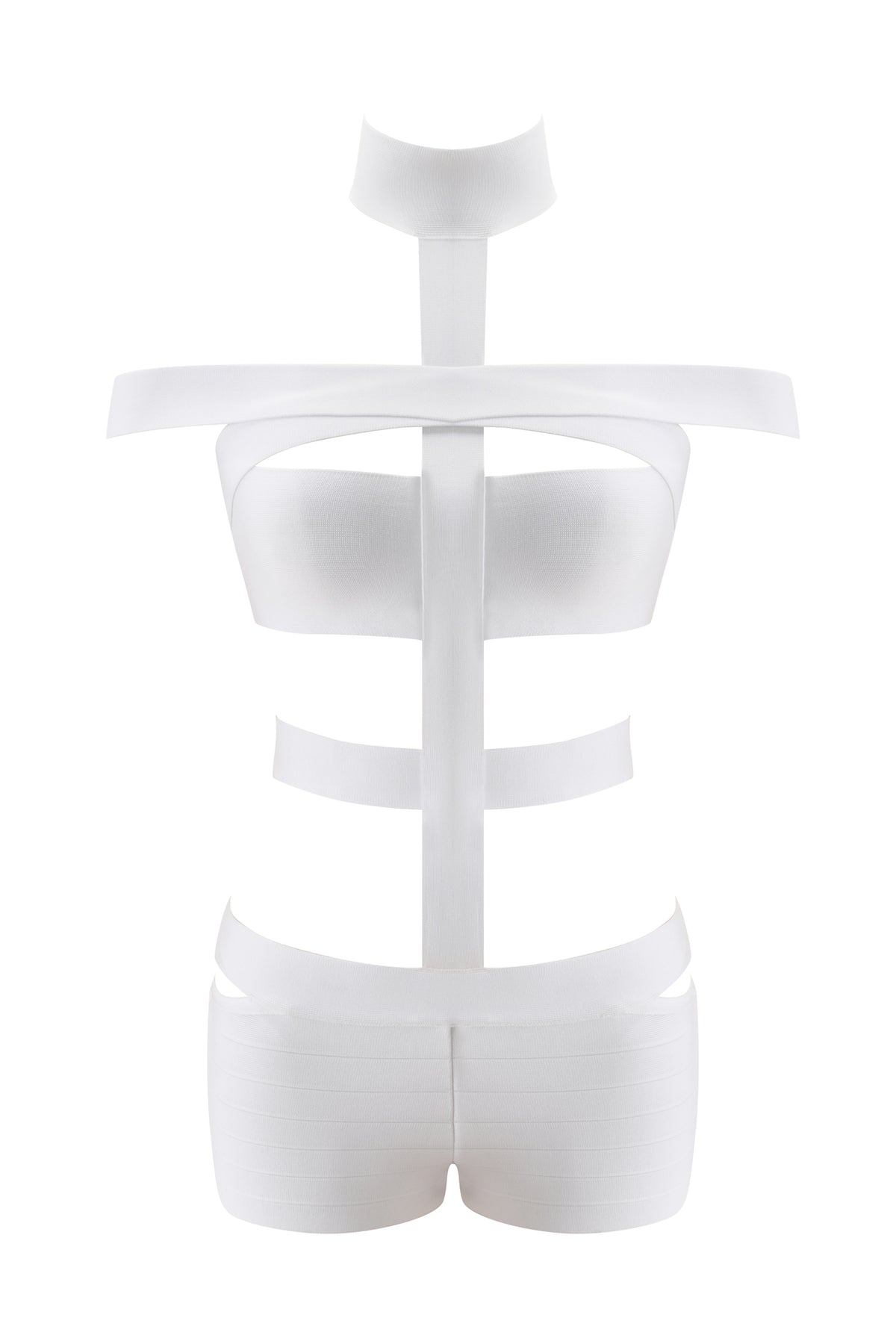 The QUINTA BANDAGE PLAYSUIT - WHITE by I.AM.GIA features wide elastic bands wrapping around the chest, waist, and neck in a striking bandage-style design, shown from the back against a white background.