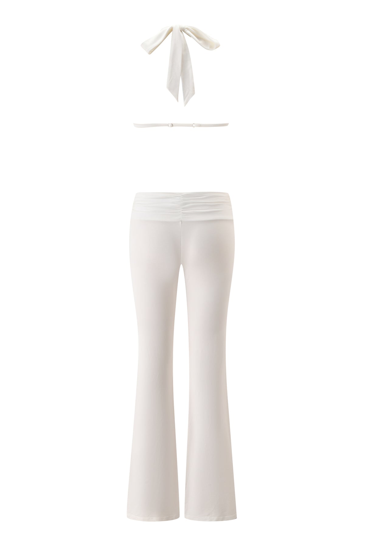 Back view of the CHER JUMPSUIT - WHITE by I.AM.GIA, featuring a halter tie top and high-waisted, flared pants in a two-piece style reminiscent of a full-length jumpsuit, set against a plain white background.
