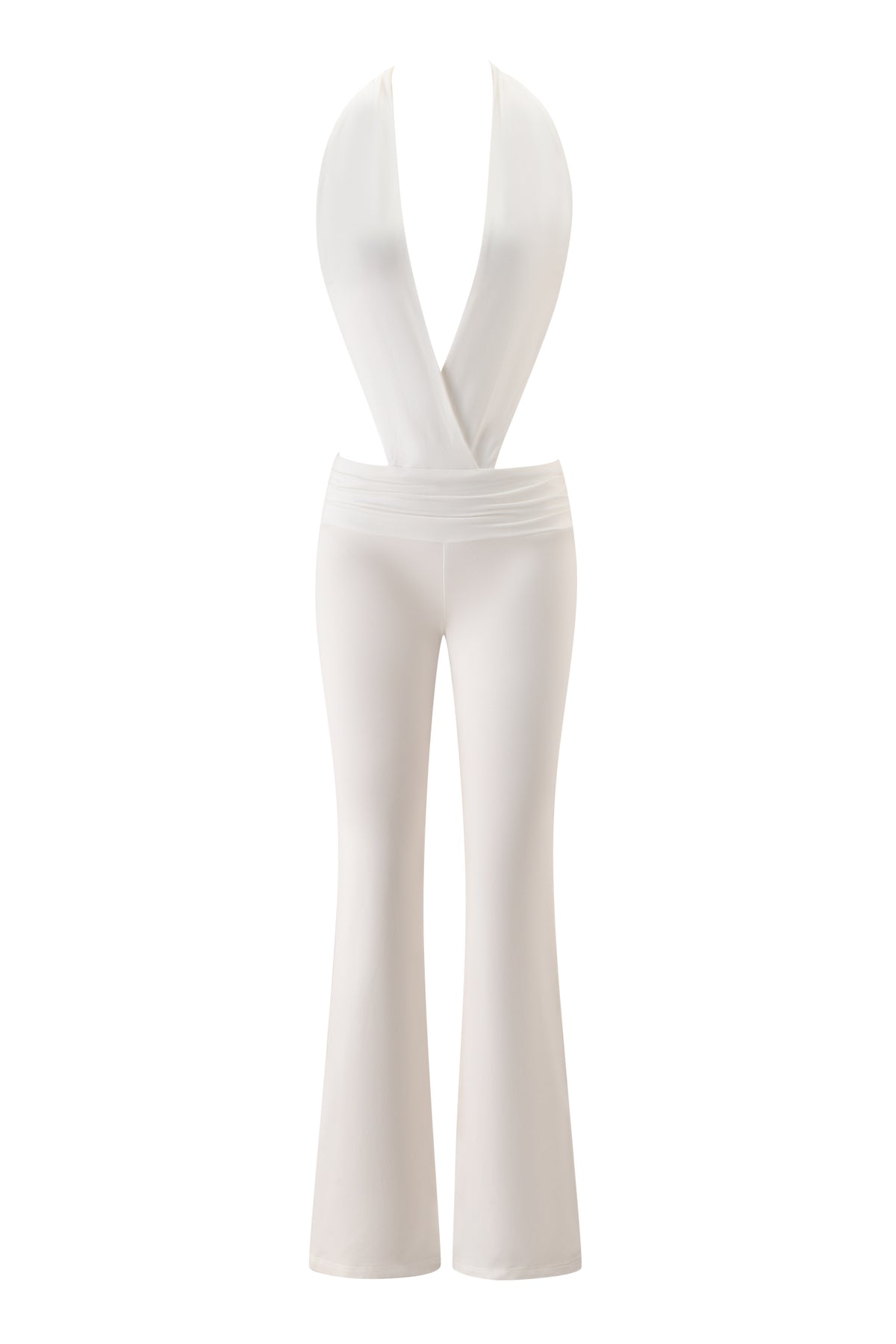 The CHER JUMPSUIT - WHITE by I.AM.GIA features a white halter-neck design with a deep V-neckline, a wide waistband, and flared legs, showcased on a plain white background.