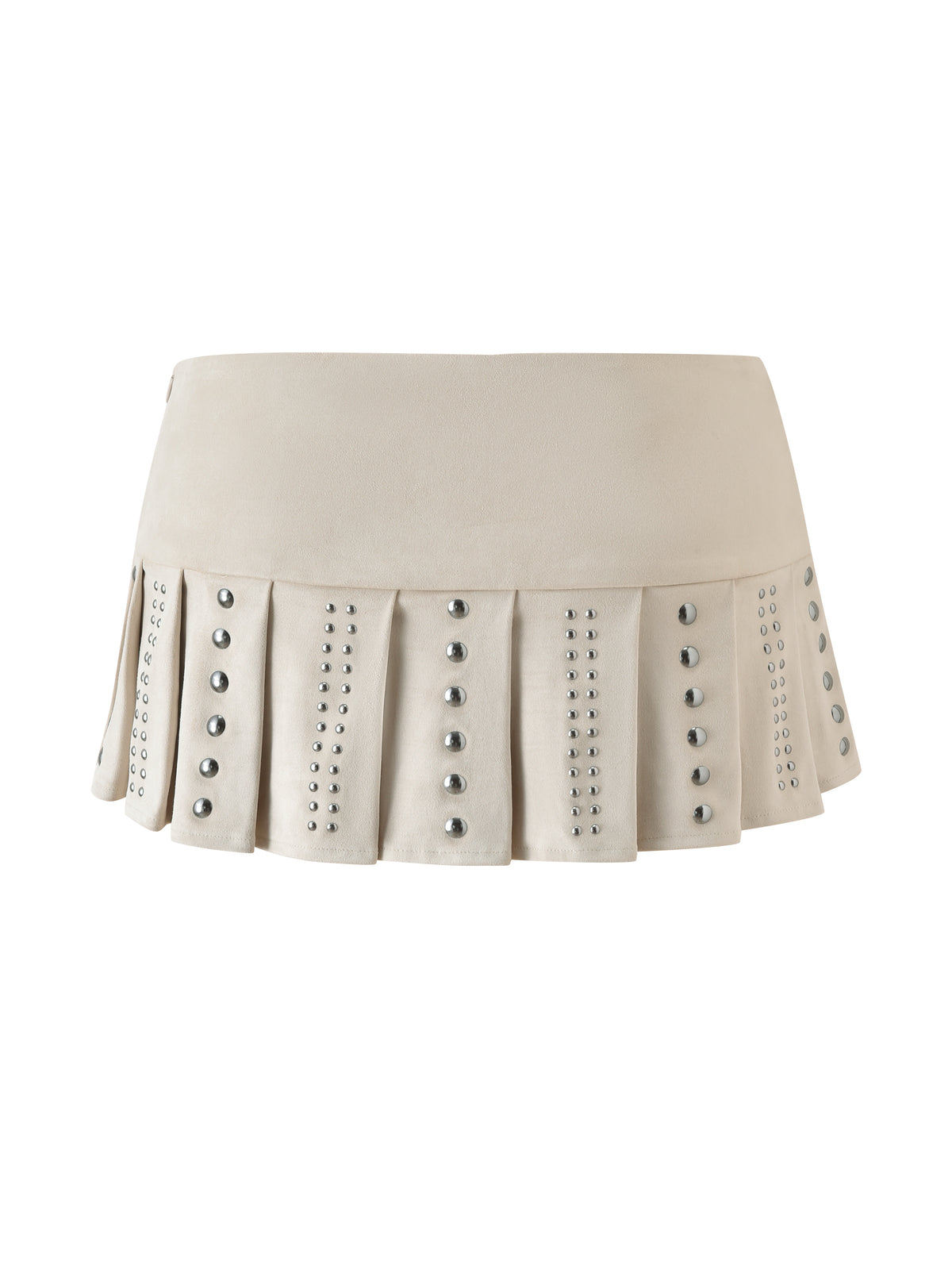 Introducing the VEYGA STUDDED MINI SKORT by I.AM.GIA: a cream faux suede skort featuring a low-rise fit, designed with pleats and silver stud embellishments arranged in vertical lines along the pleated skirt overlay.