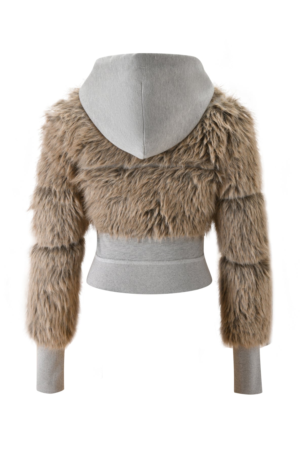 Back view of the I.AM.GIA KOKO FUR FLEECE HOODIE in heather grey, showcasing a cropped french terry design with a heather grey hood and cuffs, and tan faux fur paneling across the sleeves and back.
