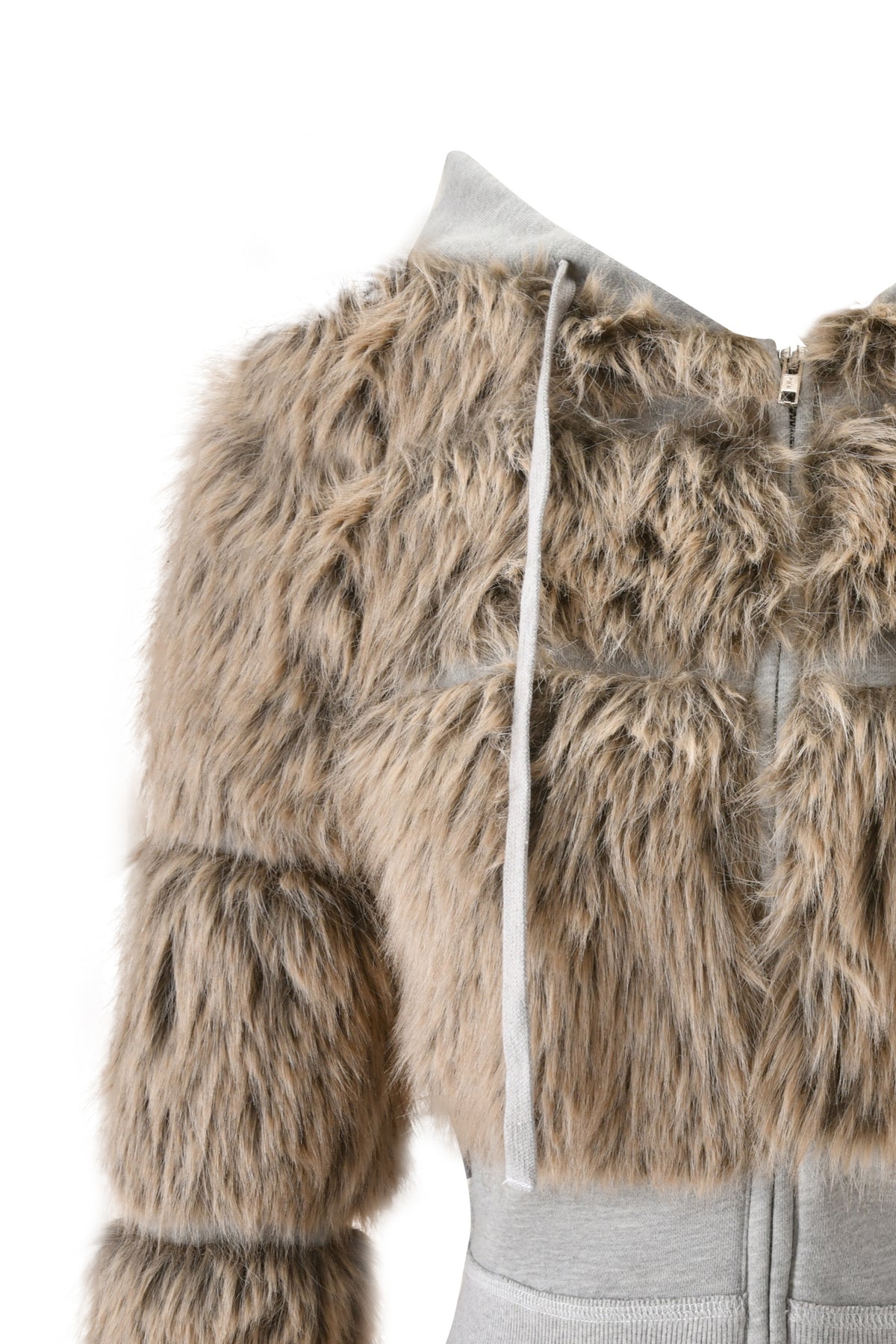A close-up of the I.AM.GIA KOKO FUR FLEECE HOODIE in heather grey, showcasing light brown faux fur paneling on the chest and sleeves, with grey fabric accents on the collar and drawstrings, and a front zipper.