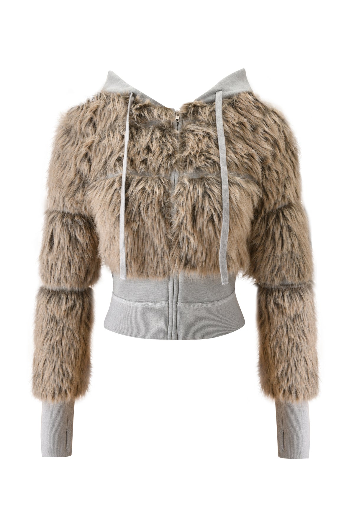The I.AM.GIA KOKO FUR FLEECE HOODIE in Heather Grey features brown faux fur paneling on the body and sleeves, heather grey ribbed cuffs, hem, and hood, as well as a front zipper closure with drawstrings for a cozy, contemporary look.