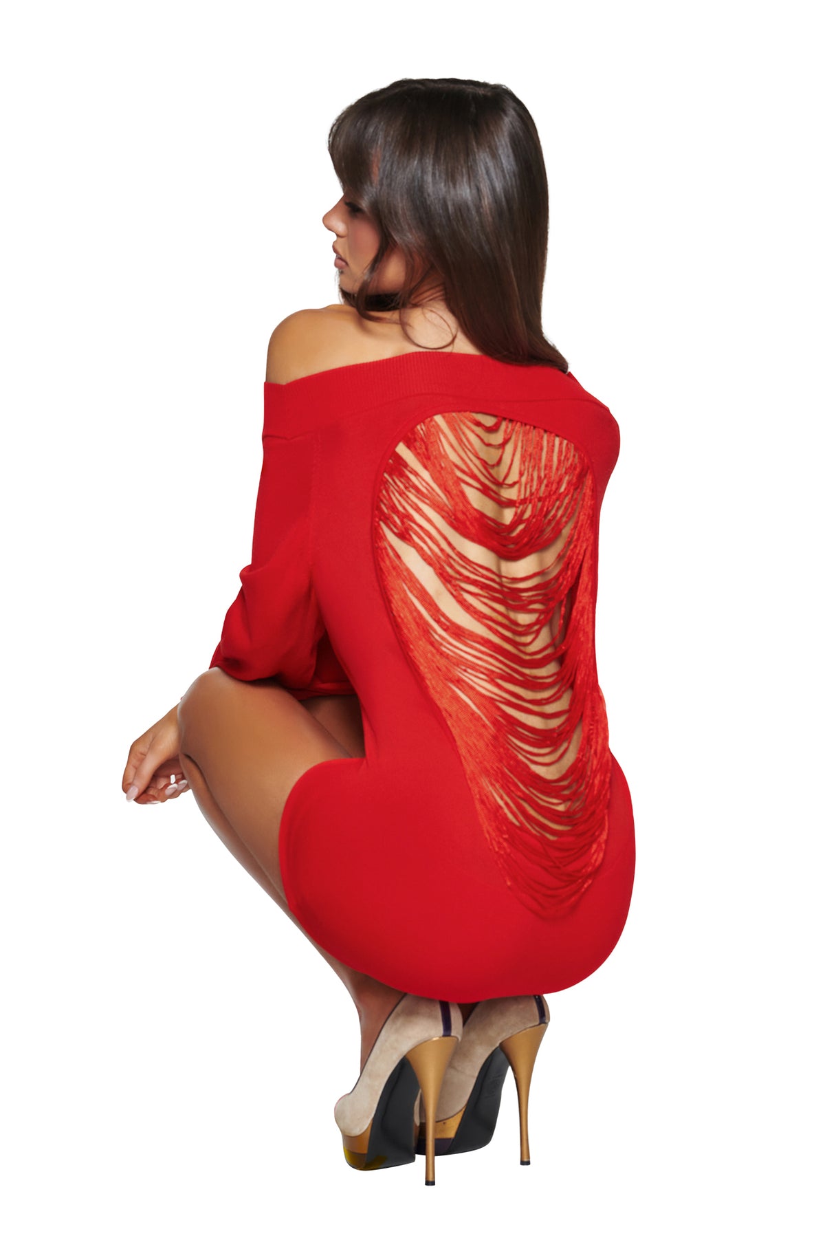 A woman wearing the I.AM.GIA ADRYANA KNIT DRESS in red squats in high heels, looking to the side against a white background.
