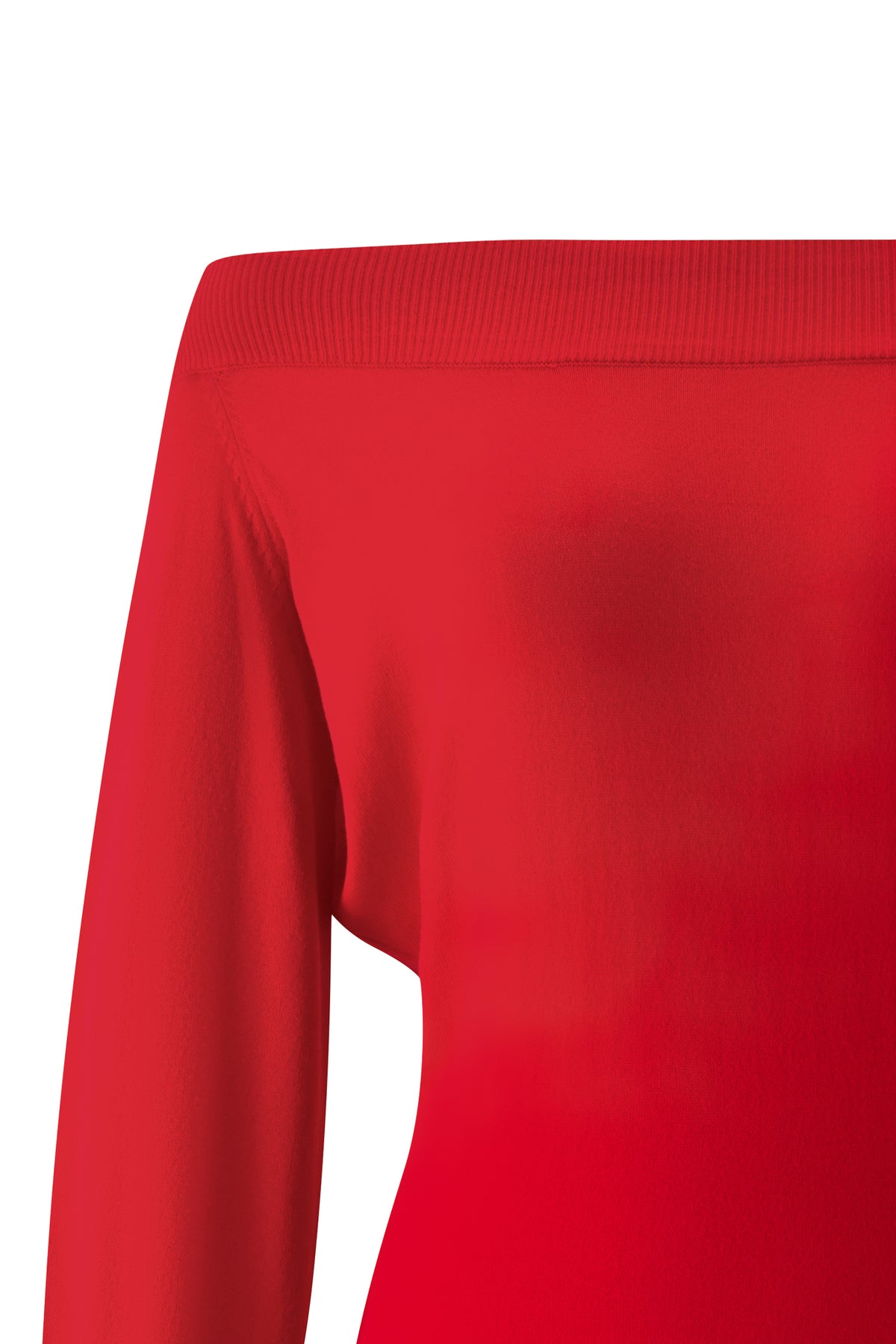 A close-up of the ADRYANA KNIT DRESS in red by I.AM.GIA, highlighting the off-the-shoulder neckline and left sleeve against a white background.