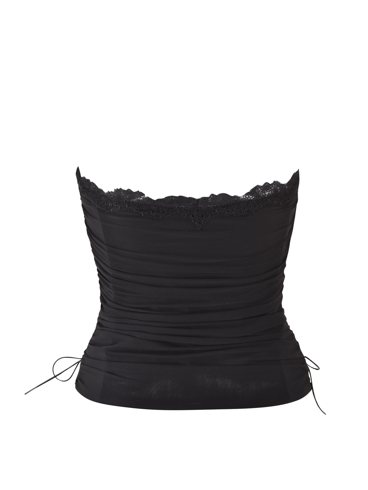 Introducing the I.AM.GIA DIXI CORSET - BLACK: a strapless black tube top featuring ruched mesh fabric and a delicate lace trim along the top edge, evoking the look of a classic strapless corset. Thin drawstrings at each side near the hem enhance its chic silhouette.