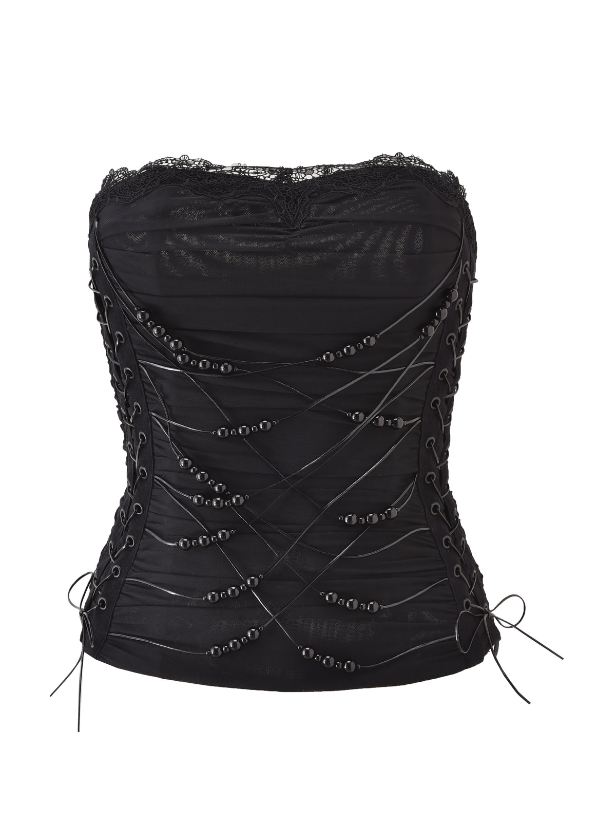 Introducing the DIXI CORSET - BLACK by I.AM.GIA, a strapless black corset adorned with elegant lace trim and bead accents on the front. Featuring ruched mesh details, crisscrossed ribbon lacing, and dramatic lace-up sides with tied ribbons at the bottom, this statement piece offers a striking and sophisticated finish.