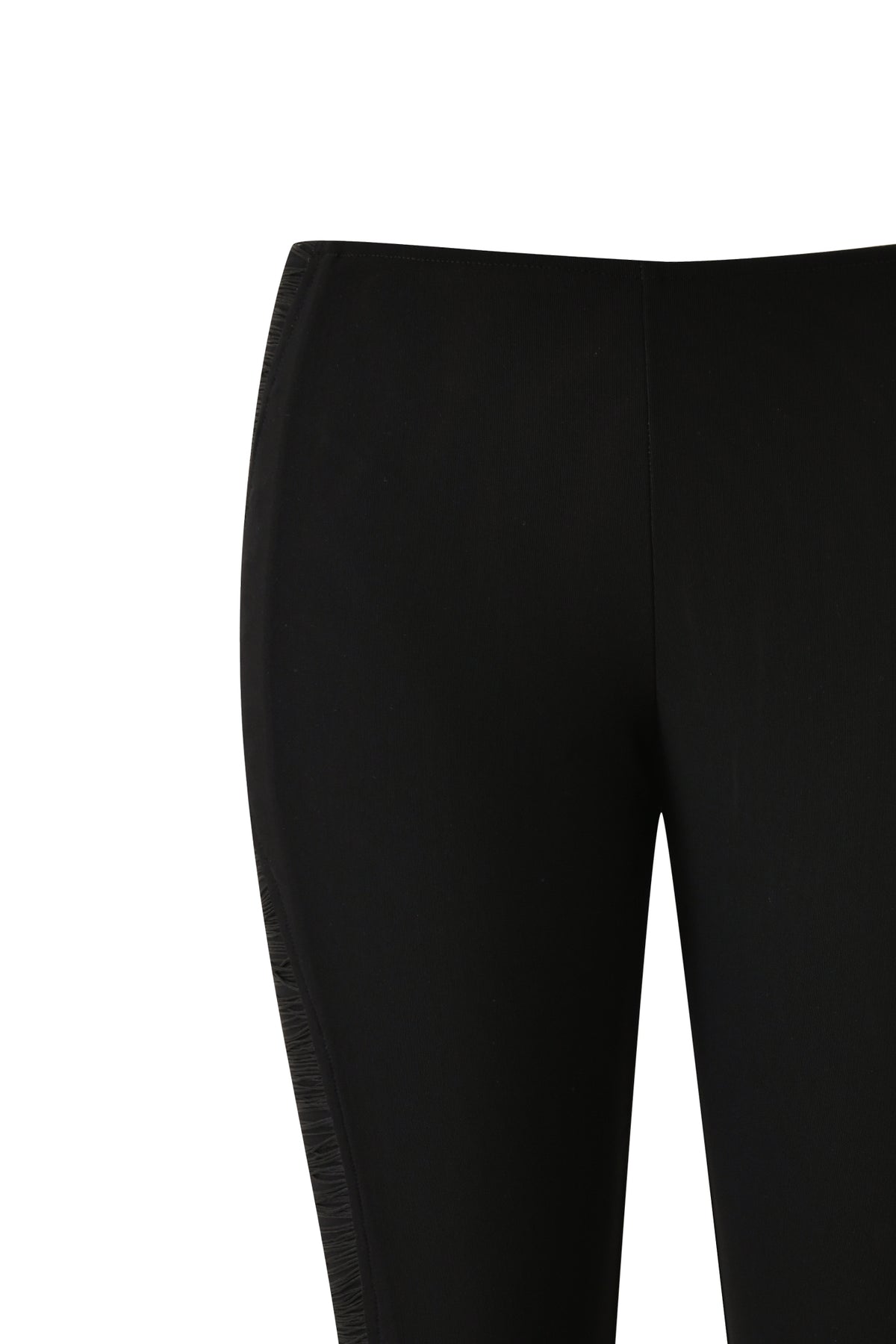 Close-up of the I.AM.GIA DIXI CAPRI - BLACK, showcasing the waist and upper leg area against a white background. The sleek black capri pants feature a subtle textured stripe along the side seam, creating a form-fitting silhouette.