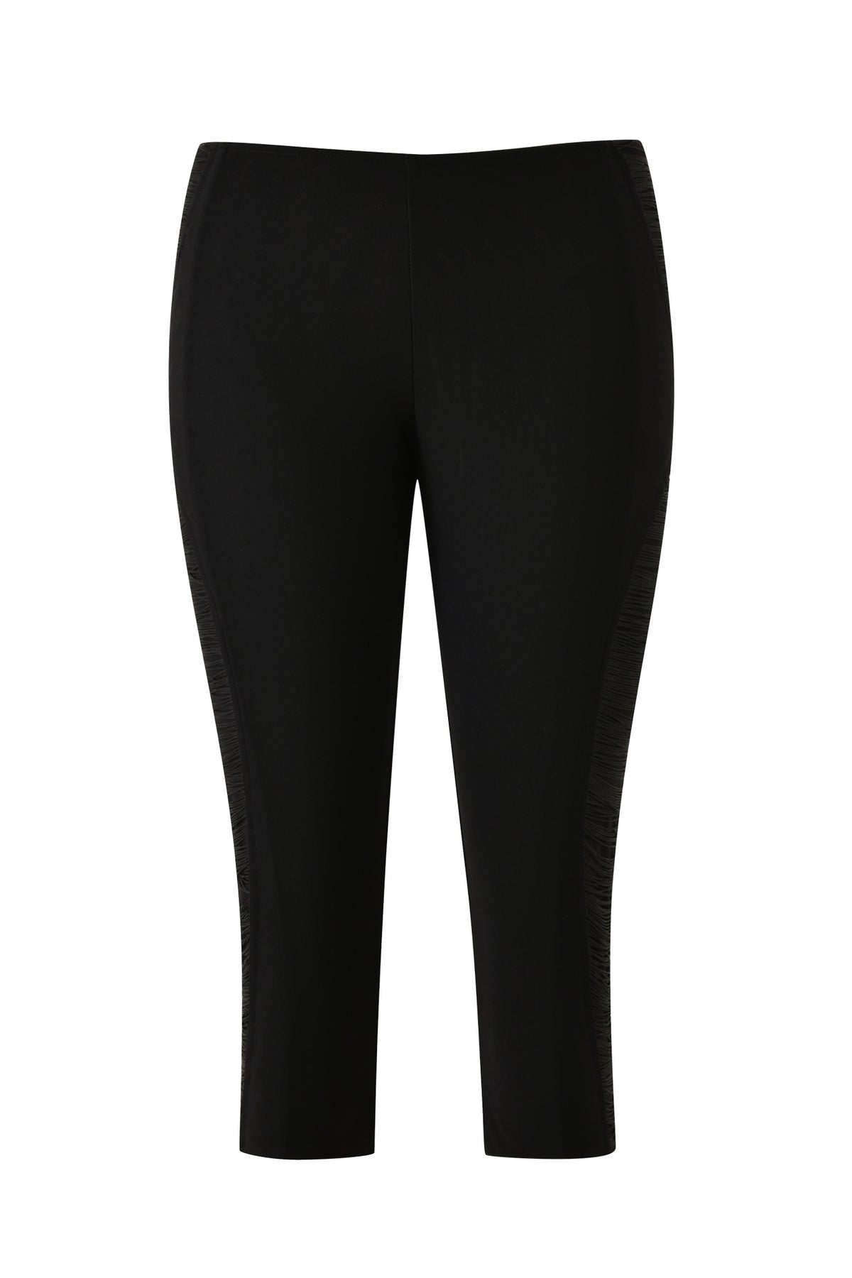 The DIXI CAPRI - BLACK by I.AM.GIA are black cropped pants with a slim, form-fitting silhouette, featuring subtle textured side panels. Reminiscent of bodycon capri styles, these pants are shown from the front on a plain white background.