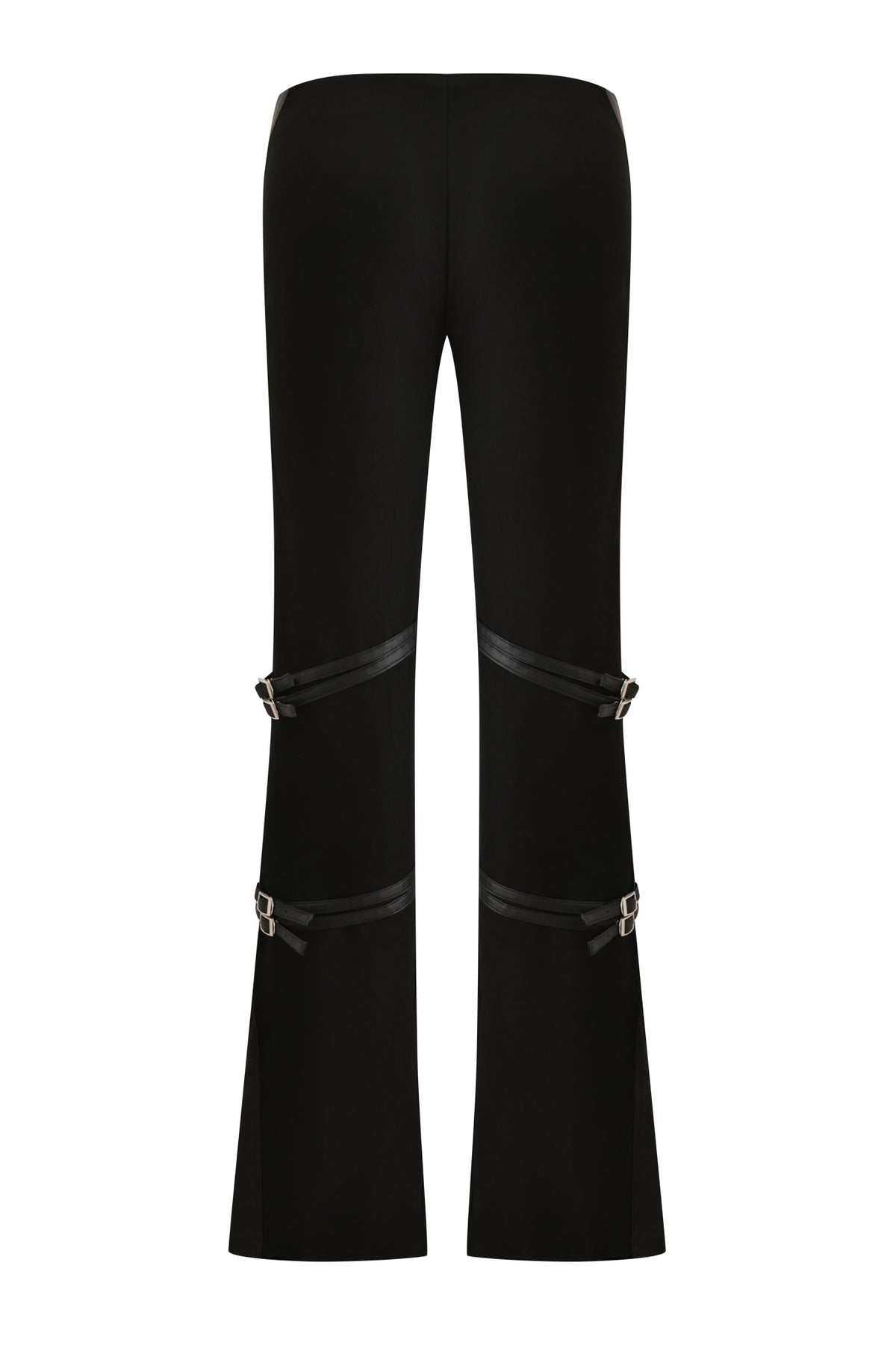 LAURENT PANT - BLACK flared pants featuring bondage detailing with two sets of buckled straps on each leg.