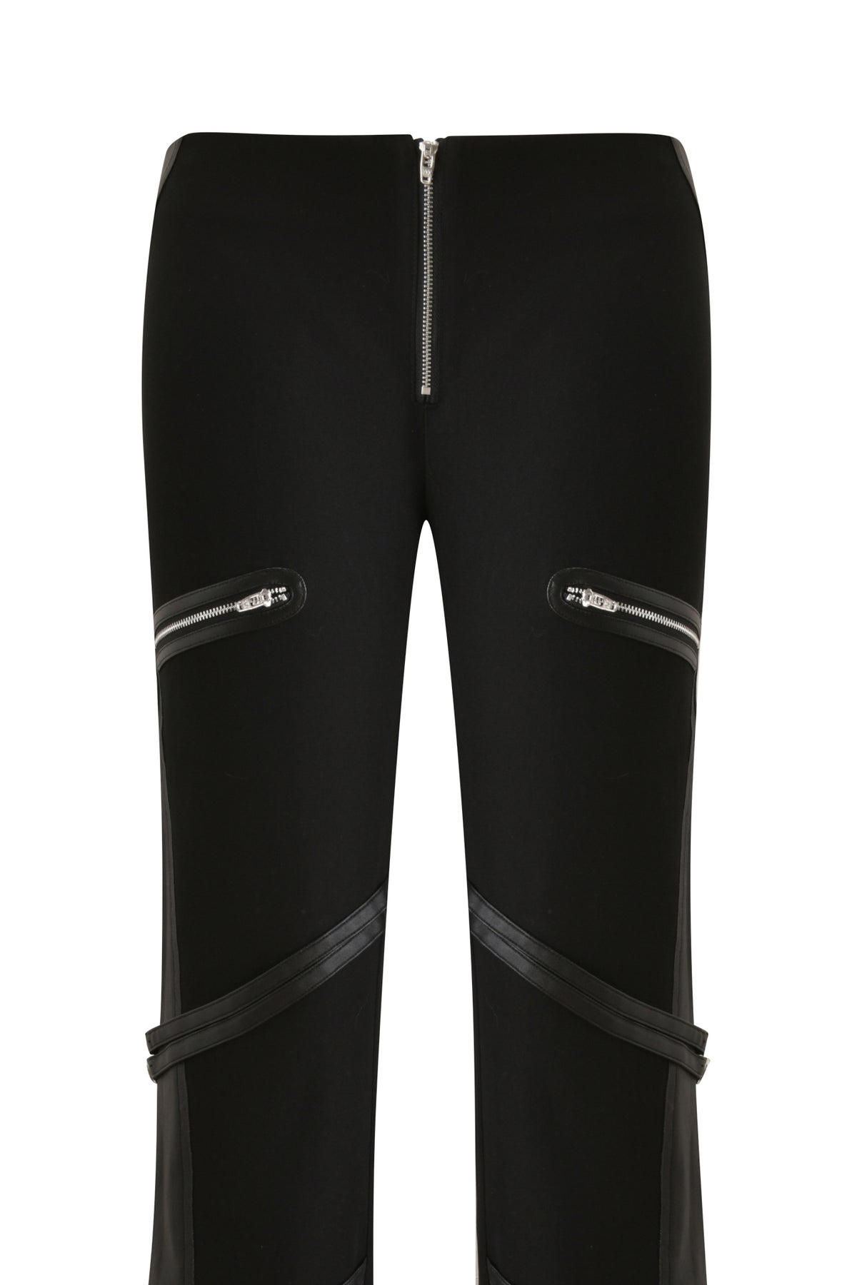 LAURENT PANT - BLACK flared pants featuring a front zipper, two zippered thigh pockets, and decorative diagonal trim with bondage detailing across the legs.