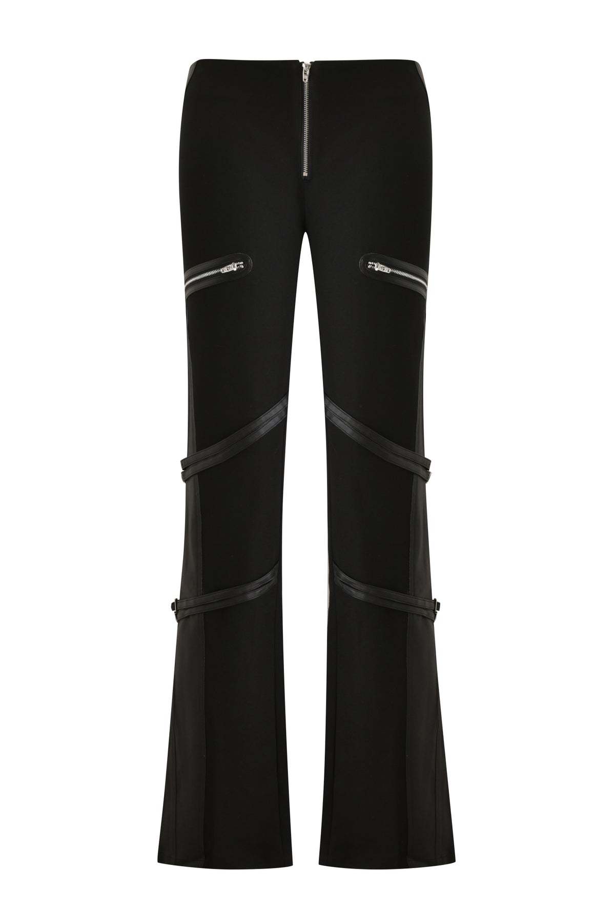 LAURENT PANT - BLACK flared pants featuring a front zipper, two zippered hip pockets, and bondage detailing with two decorative buckle straps on each leg.
