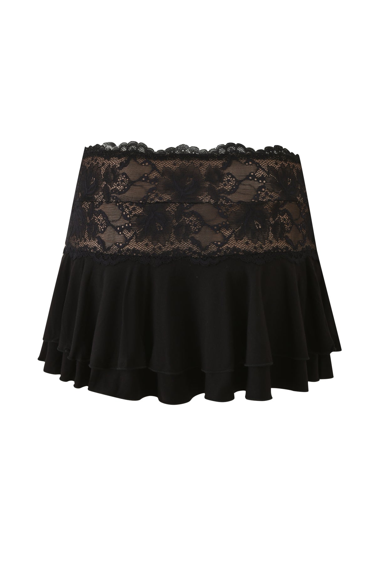 ANISTON MINI SKIRT - BLACK by I.AM.GIA features a black lace design with a floral lace waistband and a layered ruffled hem, shown against a white background.