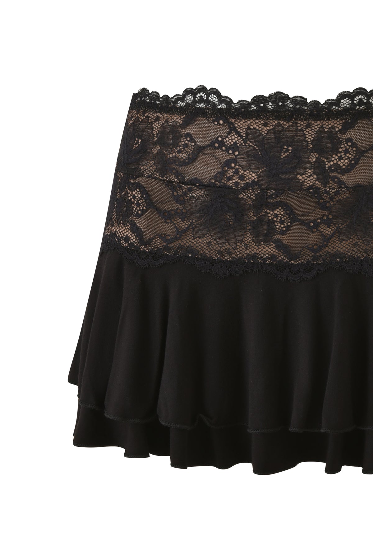The ANISTON MINI SKIRT - BLACK by I.AM.GIA features a sheer floral lace waistband and a flared ruffled hem, photographed against a white background. This low-rise mini skirt effortlessly blends delicate detailing with playful movement, making it an eye-catching statement piece for any occasion.