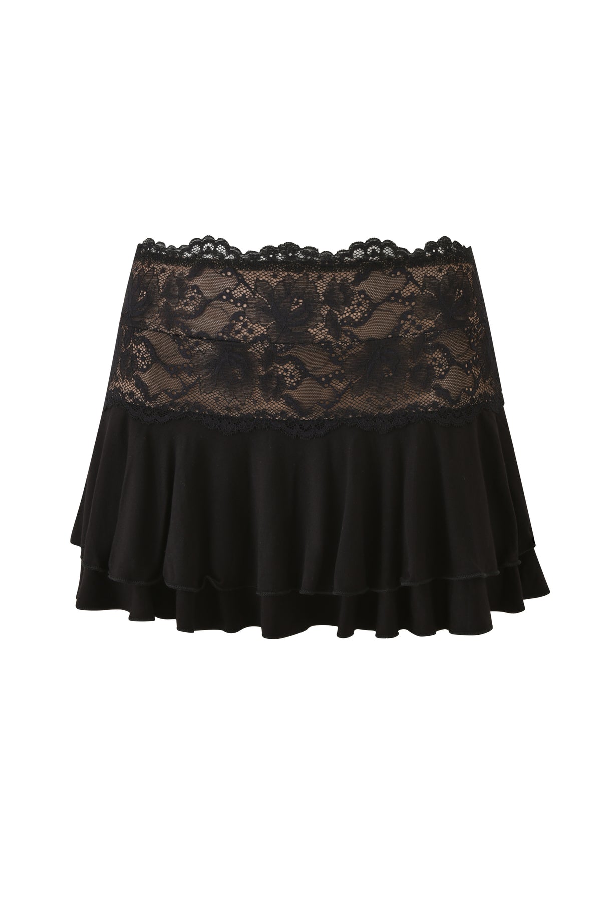The ANISTON MINI SKIRT - BLACK by I.AM.GIA features a sheer lace waistband and a ruffled hem, and is displayed against a white background.