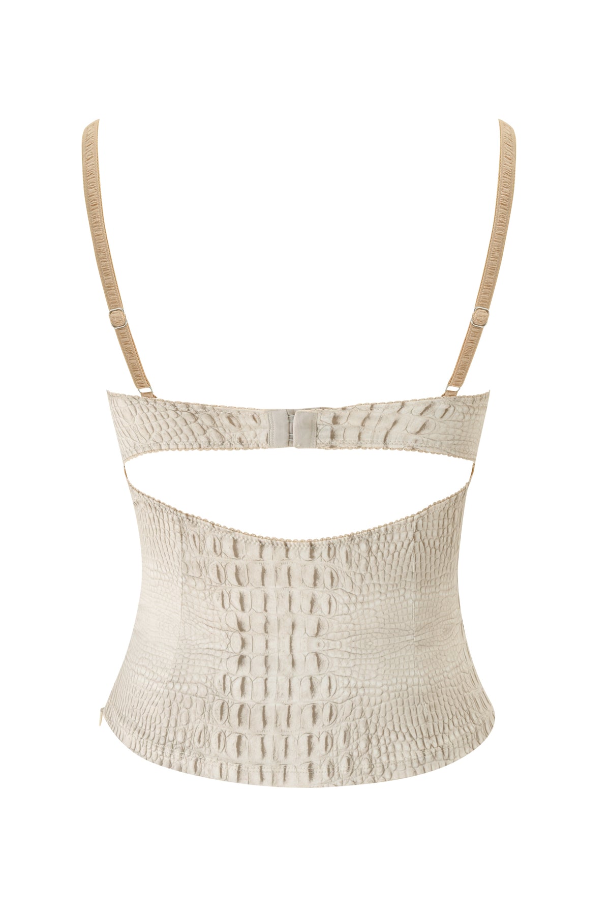 The CASSY CORSET - HOT CROC by I.AM.GIA is a beige faux crocodile skin fitted cami top featuring thin adjustable straps, underwire bust cups, an open back cutout, and a central clasp closure, displayed on a white background.