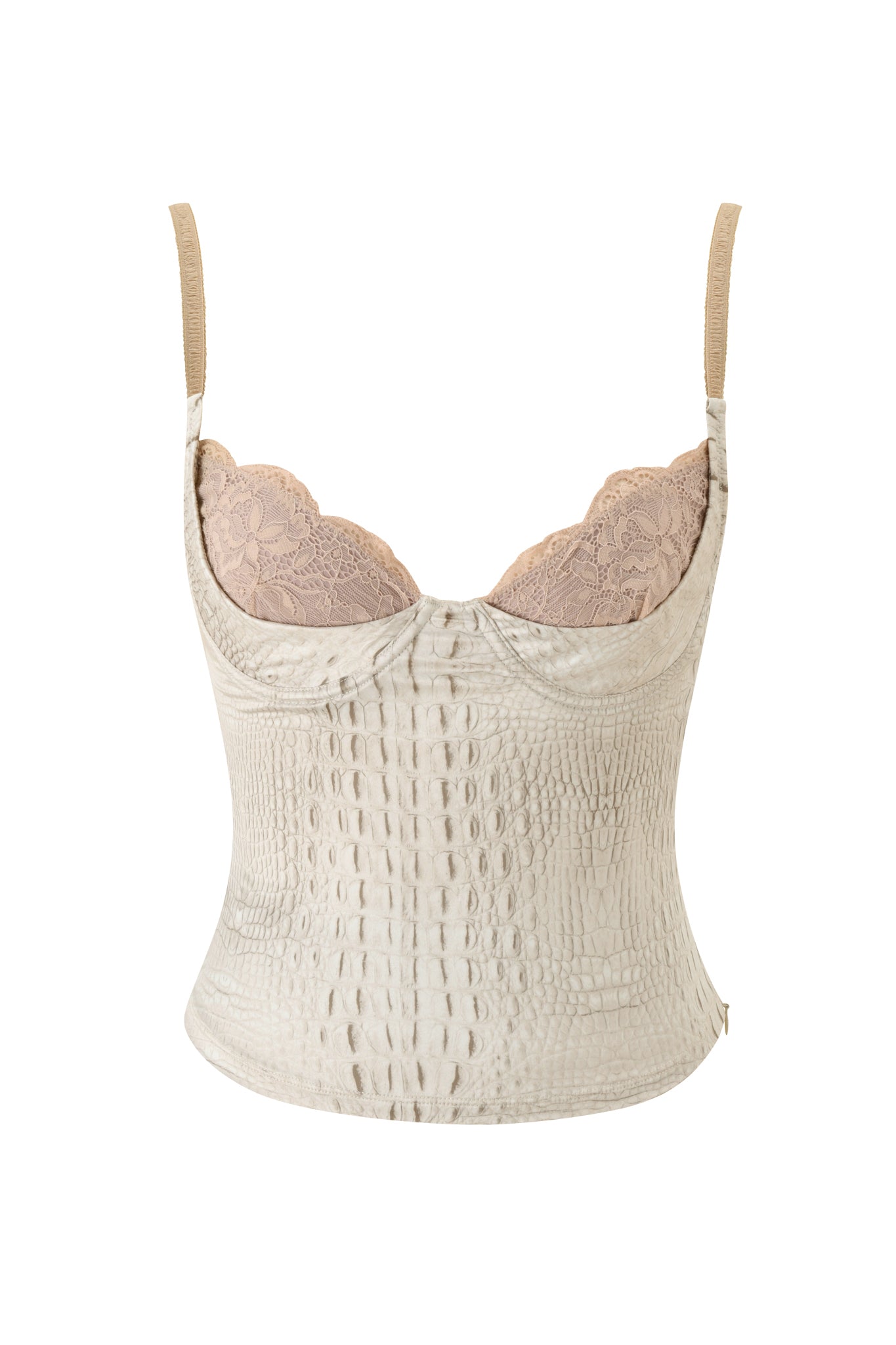 The CASSY CORSET - HOT CROC by I.AM.GIA features beige crocodile-textured underwire bust cups, thin straps, and lace trim along the bust, displayed on a white background.
