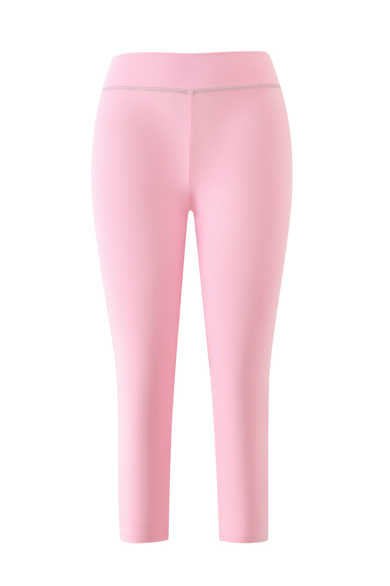The BLARE LOW RISE DIAMONTE CAPRI in Baby Pink by I.AM.GIA is displayed from the front on a white background. These light pink, low-rise capri leggings feature an ankle-length cut and are crafted from soft bamboo fabrication, with no visible logos, patterns, or additional details.