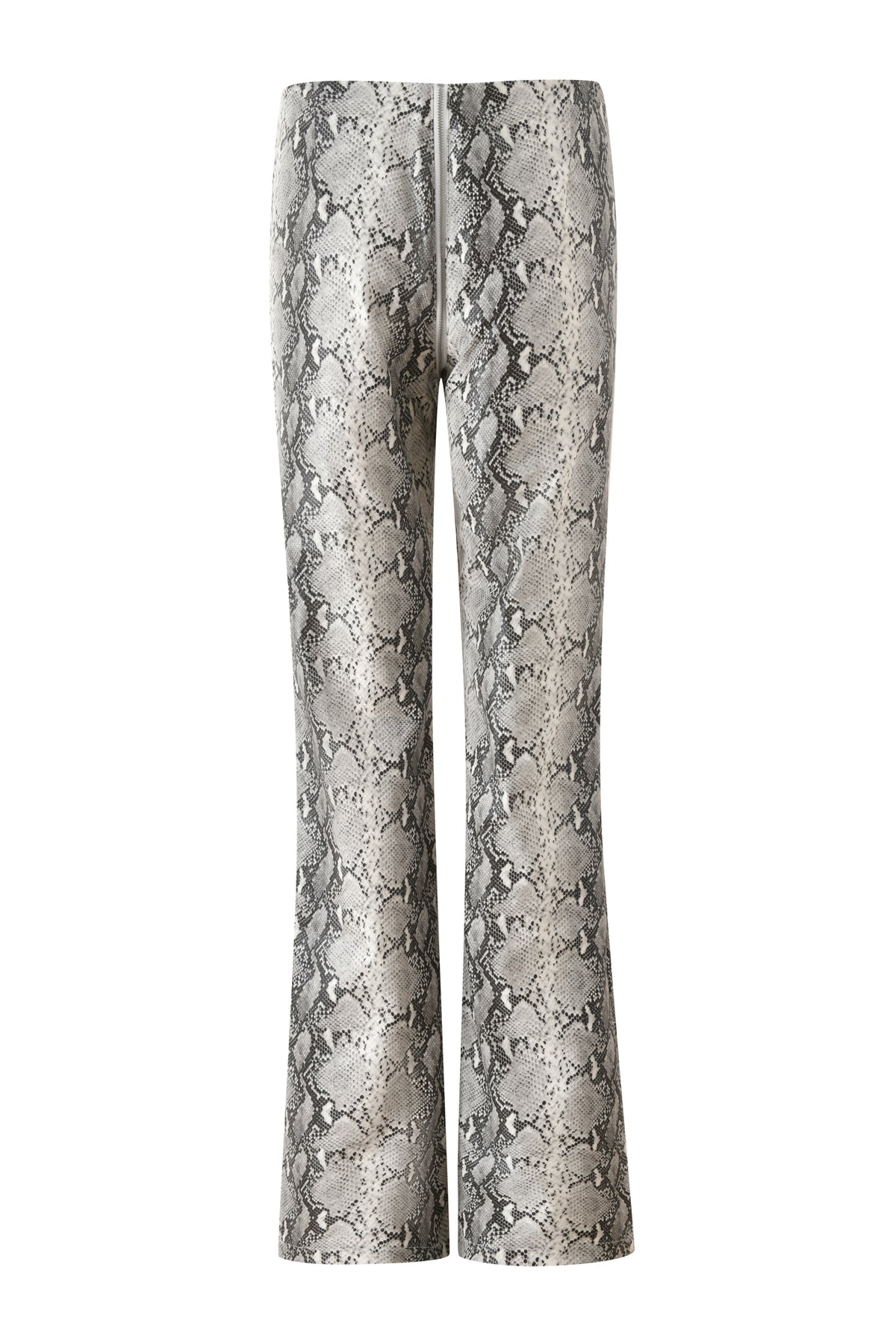 The HENDRIX 2.0 PANT - CREAM SNAKE by I.AM.GIA features a high-waisted, fitted silhouette with flared legs and is crafted from faux python leather in a striking black, beige, and gray snakeskin pattern—making it the perfect statement piece for a night out. Shown against a white background.