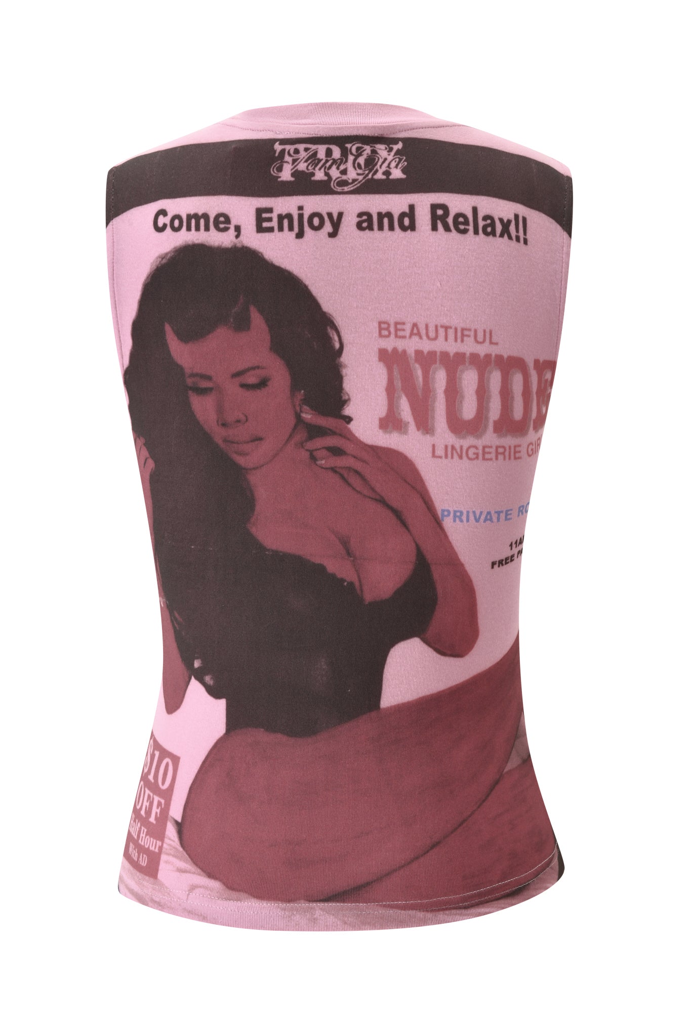 The T-REX COURTNEY TANK - PINK by I.AM.GIA is a sleeveless, baby pink muscle tank crafted from heavyweight jersey, featuring a vintage-inspired print of a woman in lingerie, bold "Beautiful Nude" text, and phrases like "Come, Enjoy and Relax!!" emblazoned across the pink and black fabric—delivering that iconic I.AM.GIA muscle tank style.