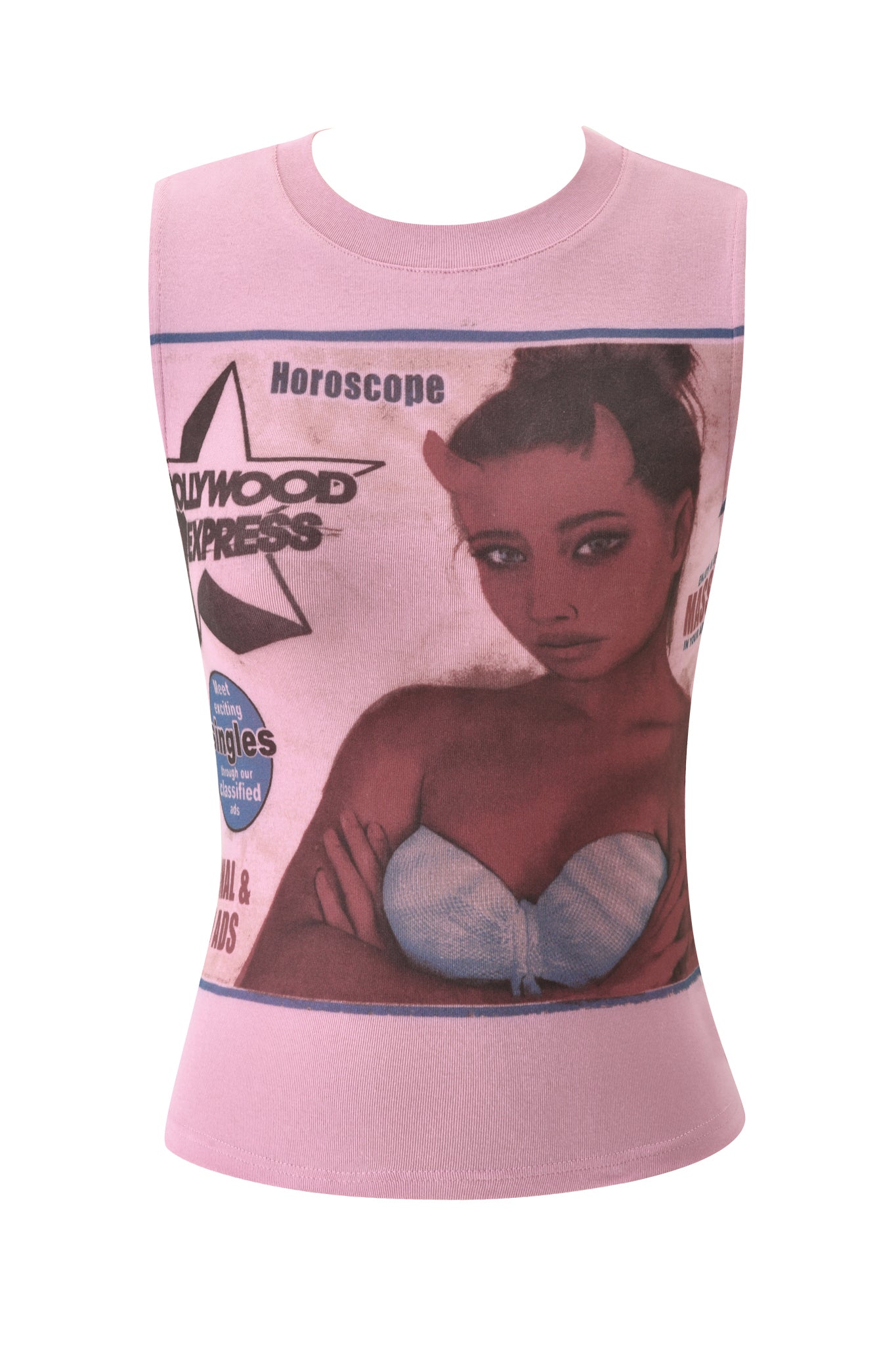 The T-REX COURTNEY TANK - PINK by I.AM.GIA is a sleeveless baby pink muscle tank crafted from heavyweight jersey. It features a vintage-style print of a woman with devil horns, a strapless top, and text including "Hollywood Express" and "Horoscope," delivering an overall retro magazine cover vibe.