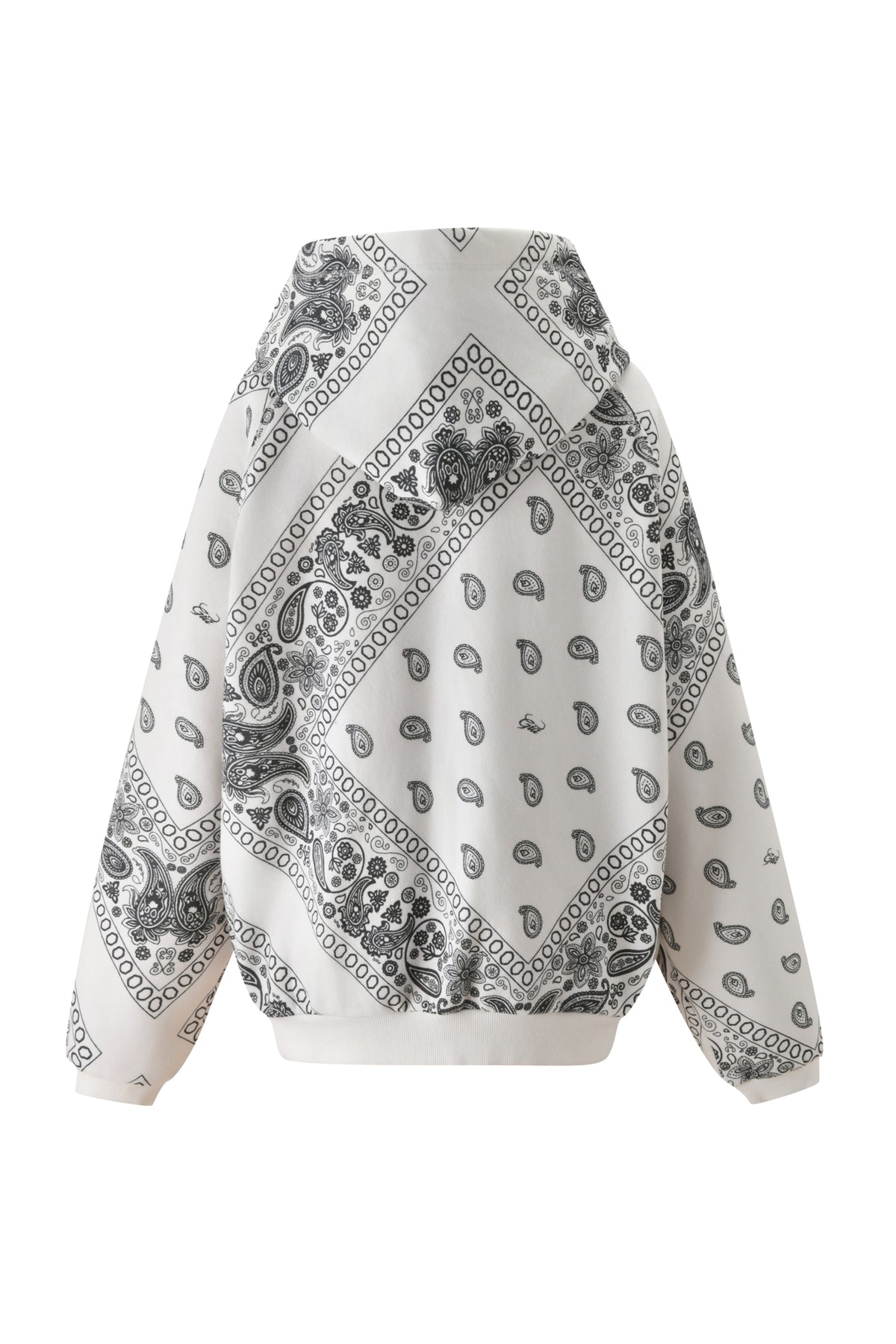 The image shows the back of the T-REX PULLOVER HOODIE - PAISLEY FACE by I.AM.GIA, a white fleece hoodie with an all-over black paisley bandana print, including sleeves and hood.