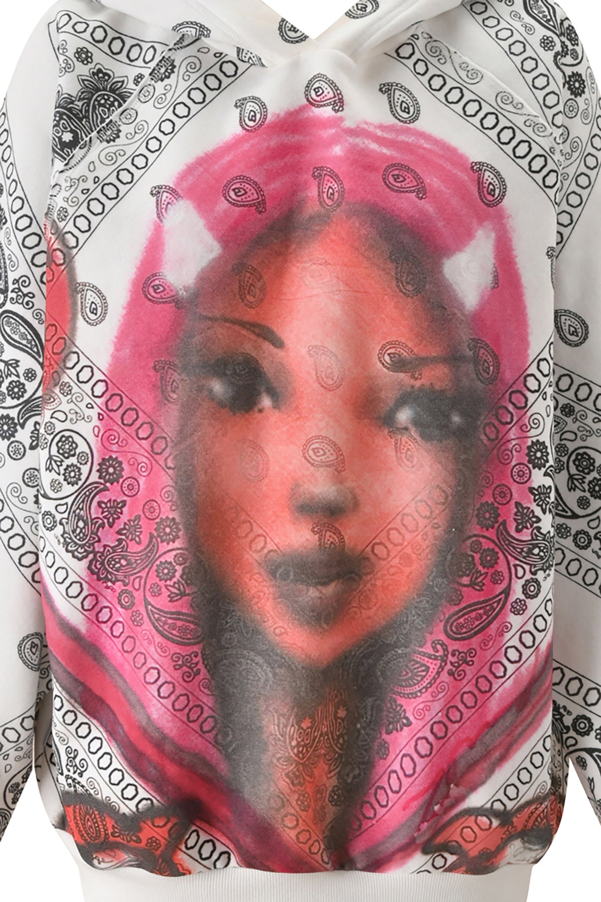 The T-REX PULLOVER HOODIE - PAISLEY FACE by I.AM.GIA features a digital print of a red-haired woman with cat ears and a black paisley pattern, crafted in plush fleece with an oversized hood for cozy comfort.