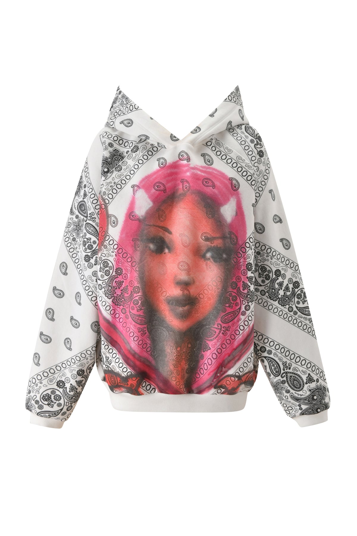 The T-REX PULLOVER HOODIE - PAISLEY FACE by I.AM.GIA features a white boxy fit, black paisley patterns, and a bold woman’s face graphic in pink and red, crafted from plush fleece with an oversized hood.