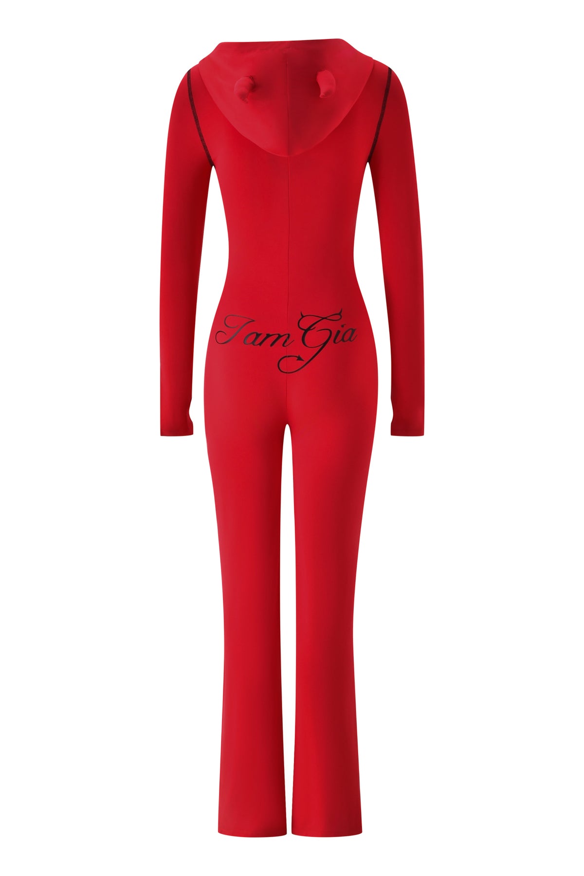 The BLARE HORN JUMPSUIT - RED by I.AM.GIA is a red, long-sleeved, full-length jumpsuit with a devil horn hood and “Tarn Gia” script on the back, shown against a plain white background.