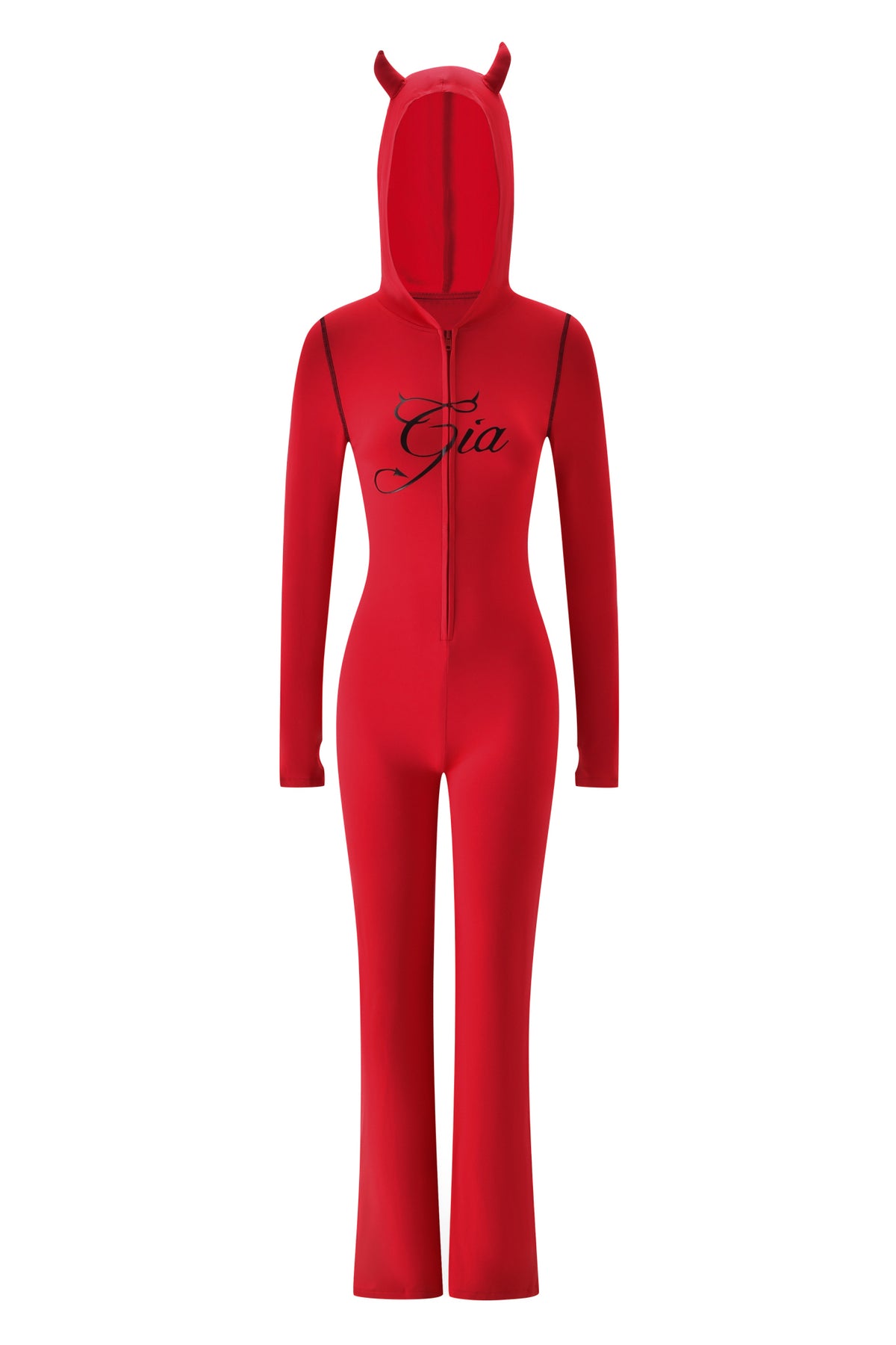 The BLARE HORN JUMPSUIT - RED by I.AM.GIA features a hood with devil horns, front zipper, long sleeves, and “Gia” in script on the chest—a bold statement piece.
