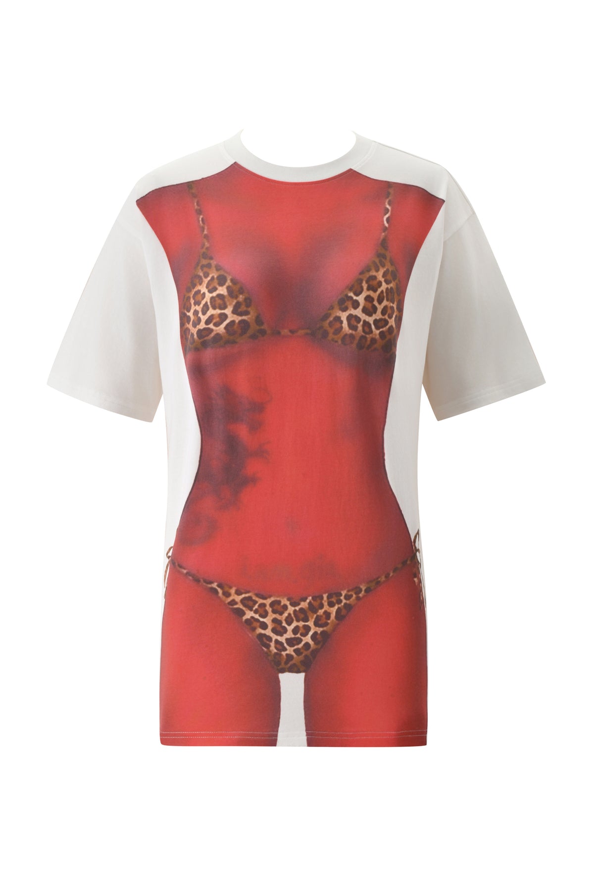 The T-REX SPRAY BODY OVERSIZED TEE - WHITE by I.AM.GIA features a bold red airbrushed bikini and leopard print illusion, serving major Y2K vibes with its unique oversized fit.
