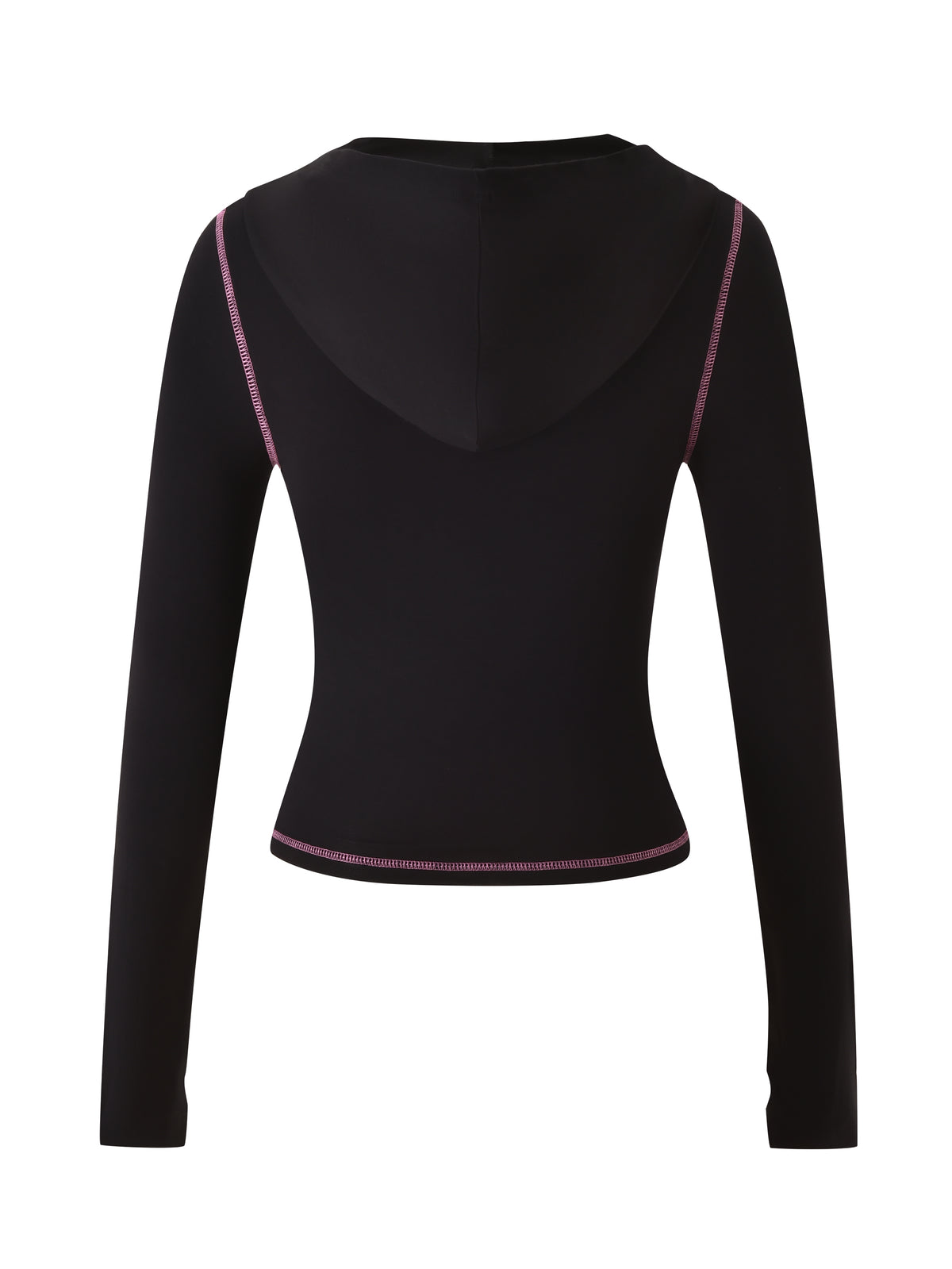 The T-REX SPRAY BODY BLARE HOODIE - BLACK by I.AM.GIA is shown from the back, featuring pink stitching on shoulder seams and bottom hem, crafted from soft bamboo fabric.