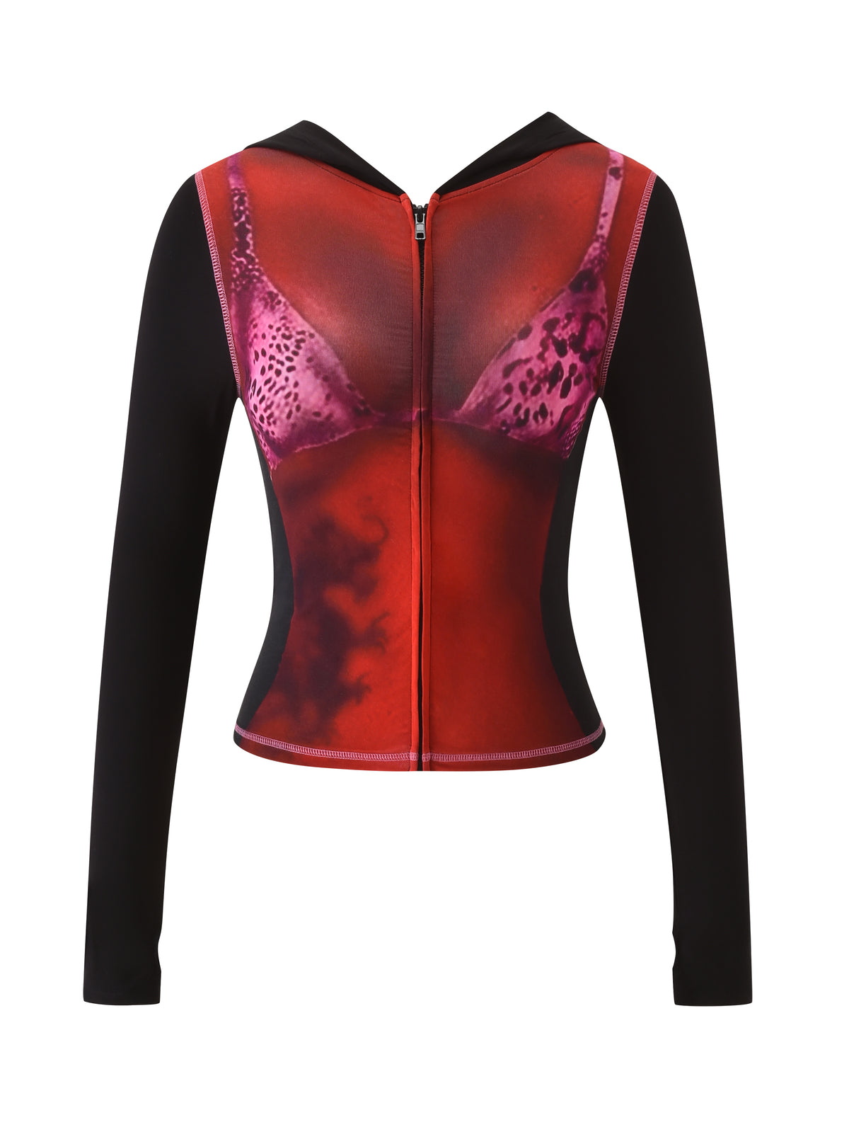 The T-REX SPRAY BODY BLARE HOODIE - BLACK by I.AM.GIA features black sleeves and a bold front print of a red and pink leopard-print bra over red, creating a trompe-l’oeil airbrushed bikini body effect.