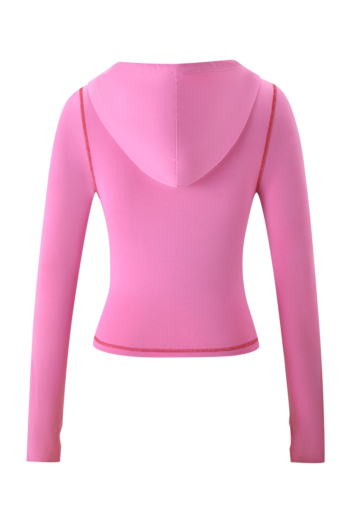 The T-REX SPRAY BODY BLARE HOODIE - PINK by I.AM.GIA is a fitted, long-sleeve pink hoodie with red contrast stitching and bamboo fabric, shown from the back on a plain white background.