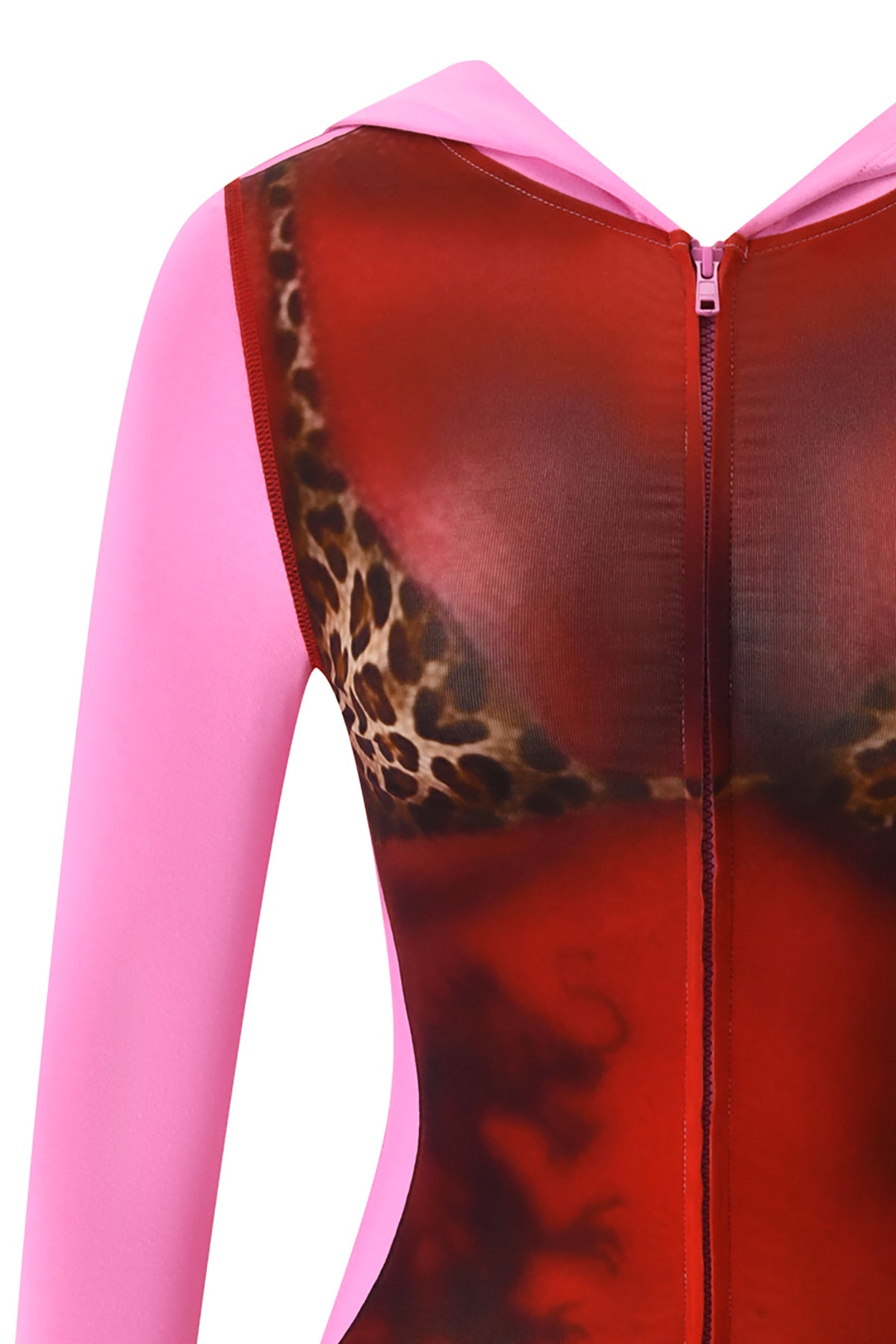 A close-up of the I.AM.GIA T-REX SPRAY BODY BLARE HOODIE - PINK shows an airbrushed bikini body design on the front, mimicking a red and leopard print bikini top.