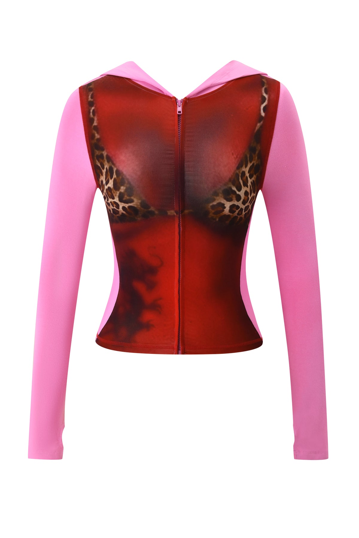 The I.AM.GIA T-REX SPRAY BODY BLARE HOODIE - PINK features a long sleeve design with an airbrushed bikini body print, creating the illusion of a red top over a leopard-print bra.
