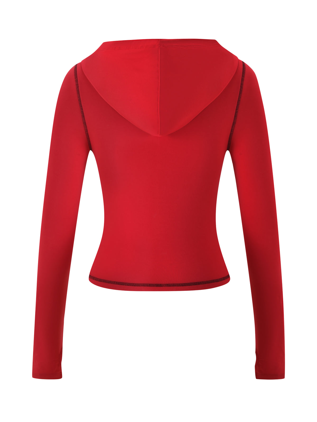 T-REX SPRAY BODY BLARE HOODIE - RED by I.AM.GIA shown from the back, with a fitted design, black seam stitching, and soft bamboo fabrication for comfort.