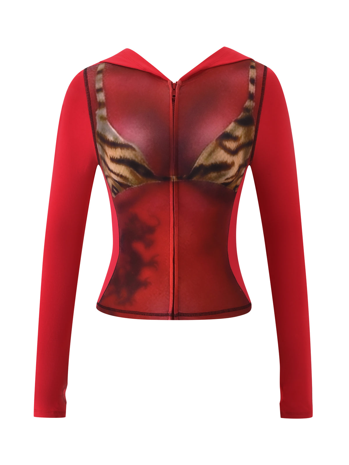 The T-REX SPRAY BODY BLARE HOODIE - RED by I.AM.GIA is a red long-sleeve hoodie with an airbrushed bikini body print and tiger stripes, shown on a white background.