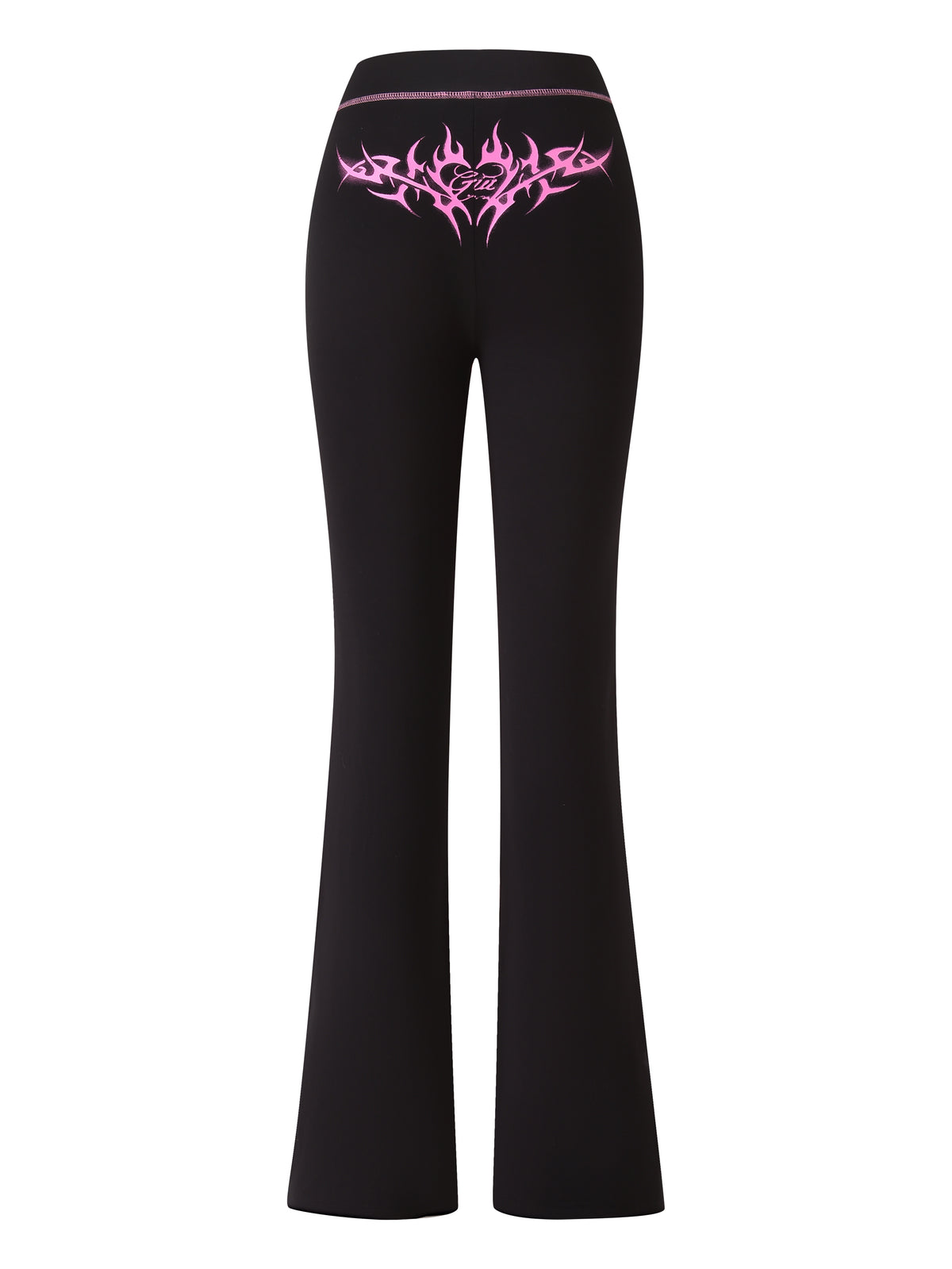 Black flared T-REX SPRAY BODY BLARE TRACKPANT - BLACK by I.AM.GIA, featuring a pink tribal graphic across the back—ideal for airport styling or turning heads with bold street style.