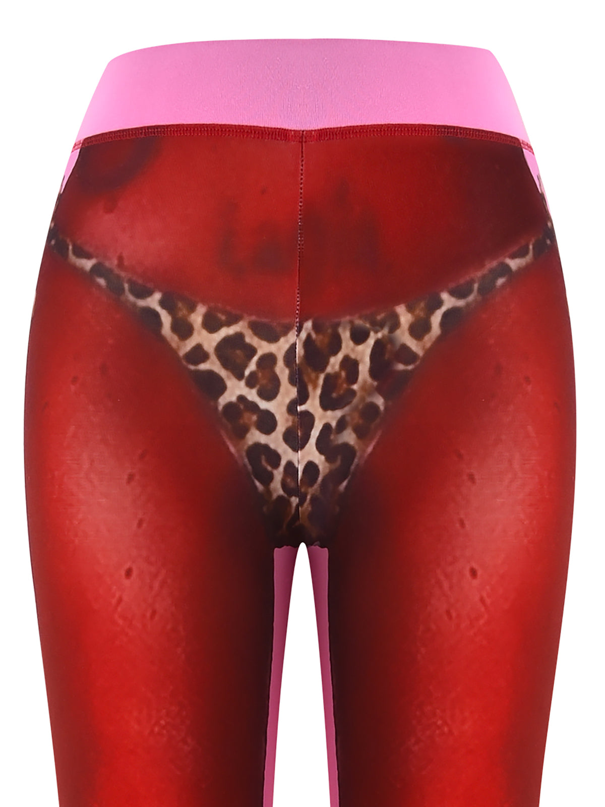 Close-up of T-REX SPRAY BODY BLARE TRACKPANT - PINK by I.AM.GIA featuring a realistic red-toned leg and leopard thong print—an eye-catching, bold choice for standout airport or street style.