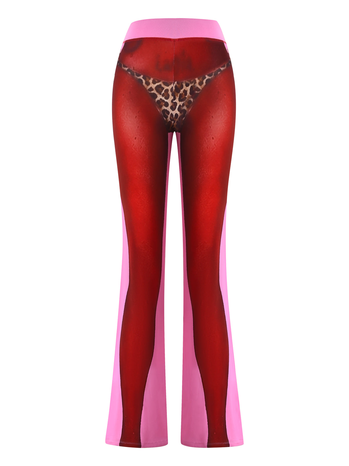 The T-REX SPRAY BODY BLARE TRACKPANT - PINK by I.AM.GIA features pink fabric with a bold printed back, high waist, and flared leg—ideal for standout airport style.