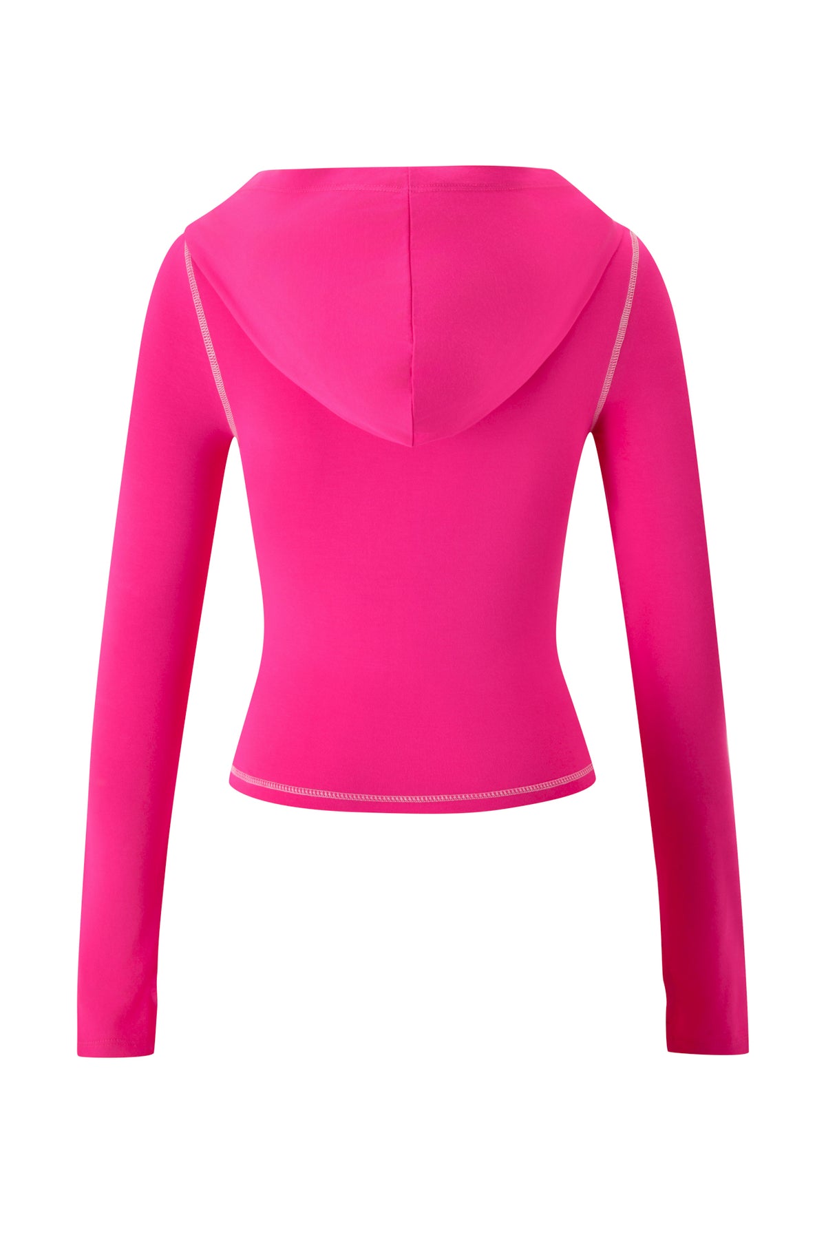 The BLARE HOODIE - HOT PINK SCREAM QUEEN by I.AM.GIA is showcased from the back, highlighting its fitted silhouette and prominent seam detailing against a plain white background. Expertly crafted from soft bamboo fabric, this vibrant long-sleeve hoodie offers an ideal blend of style and comfort.