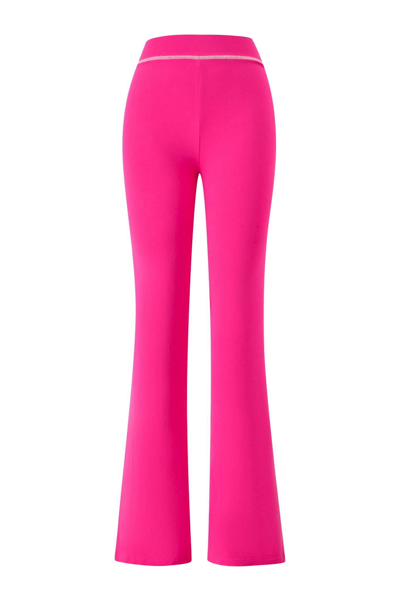 The BLARE TRACKPANT - HOT PINK SCREAM QUEEN by I.AM.GIA is featured from the back against a white background. These high-waisted pants have a fitted silhouette that flares out at the hem in a bold, bright hot pink shade.