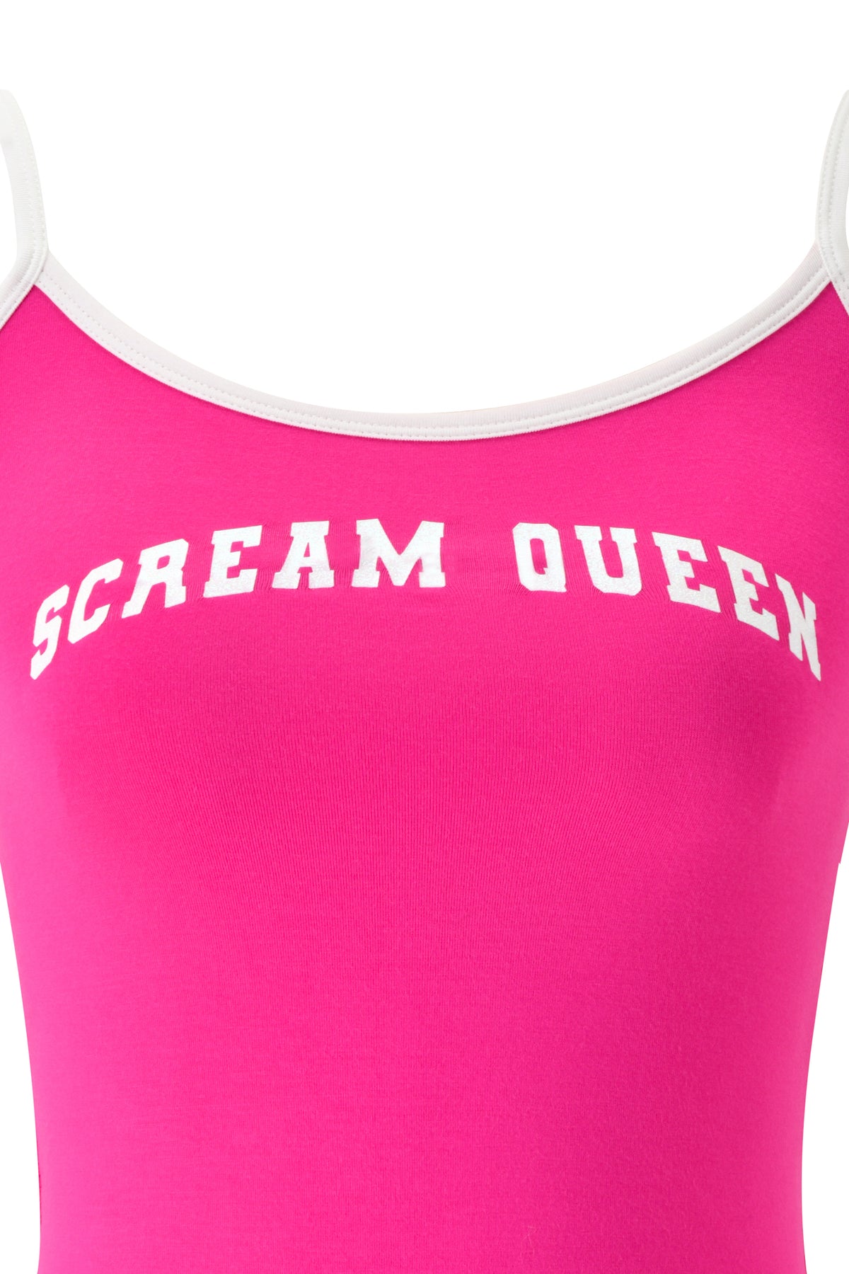 A close-up of the I.AM.GIA BLARE SINGLET in hot pink, featuring contrasting white straps and the bold “SCREAM QUEEN” graphic emblazoned across the chest in signature I.AM.GIA placement print.