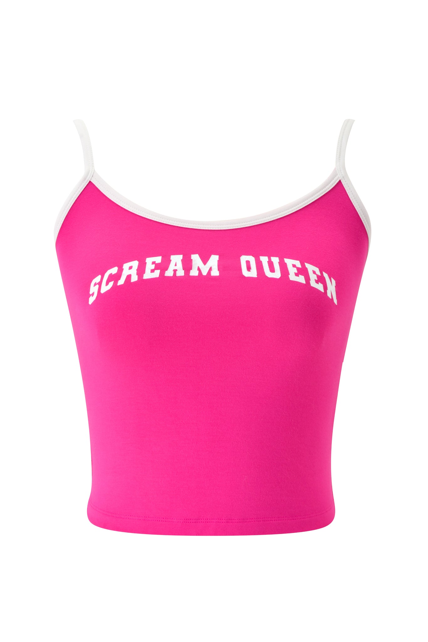Introducing the I.AM.GIA BLARE SINGLET - HOT PINK SCREAM QUEEN: a vibrant hot pink cami singlet with bold white straps and an eye-catching “SCREAM QUEEN” graphic across the chest, showcasing I.AM.GIA’s signature placement print style.