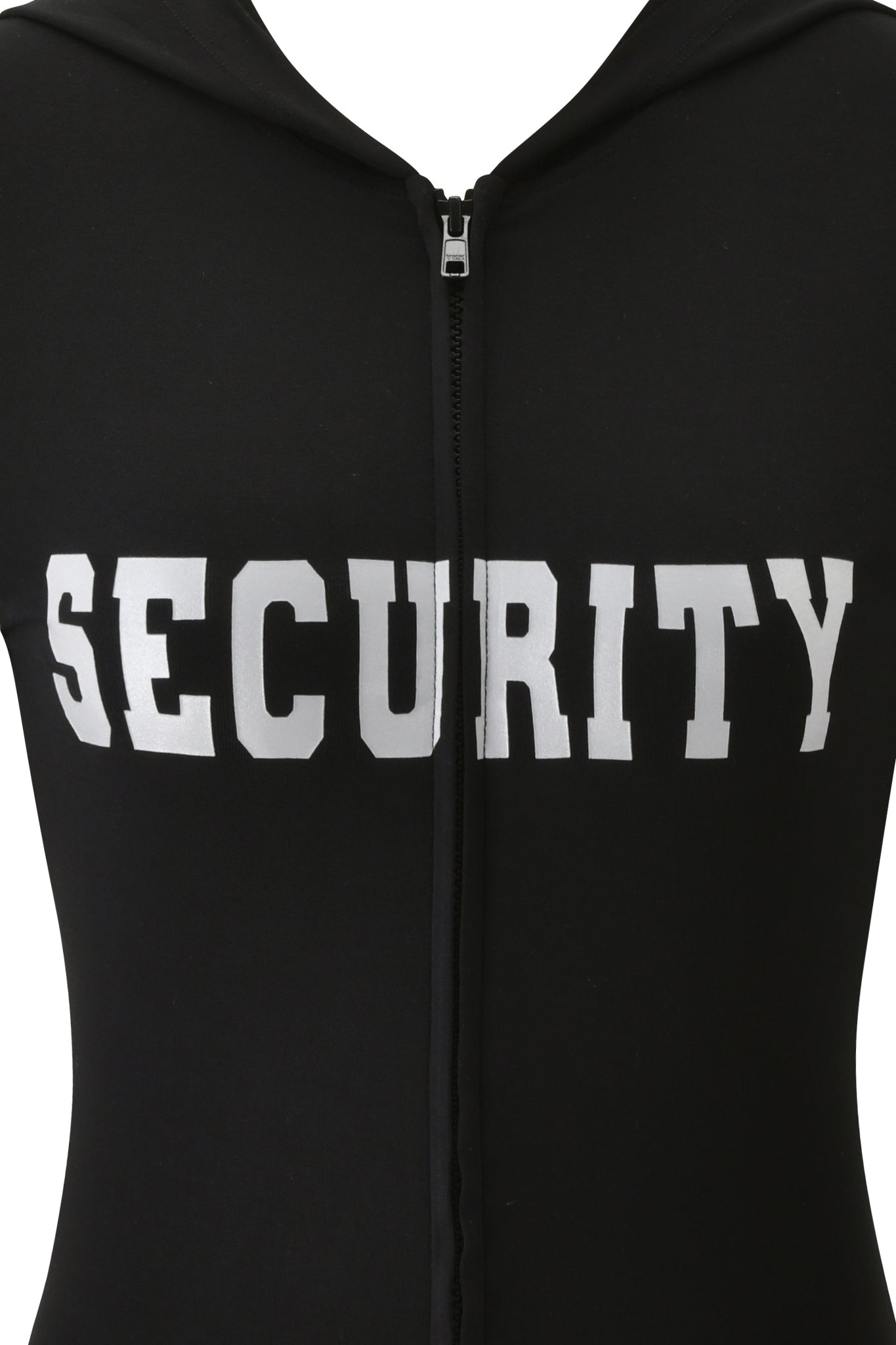 Close-up of the BLARE HOODIE - JET BLACK : SECURITY by I.AM.GIA, a black long-sleeve zip-up hoodie featuring bold “SECURITY” lettering in large white block letters across the chest. Made from premium bamboo fabric, this hoodie offers a blend of comfort, durability, and standout style.