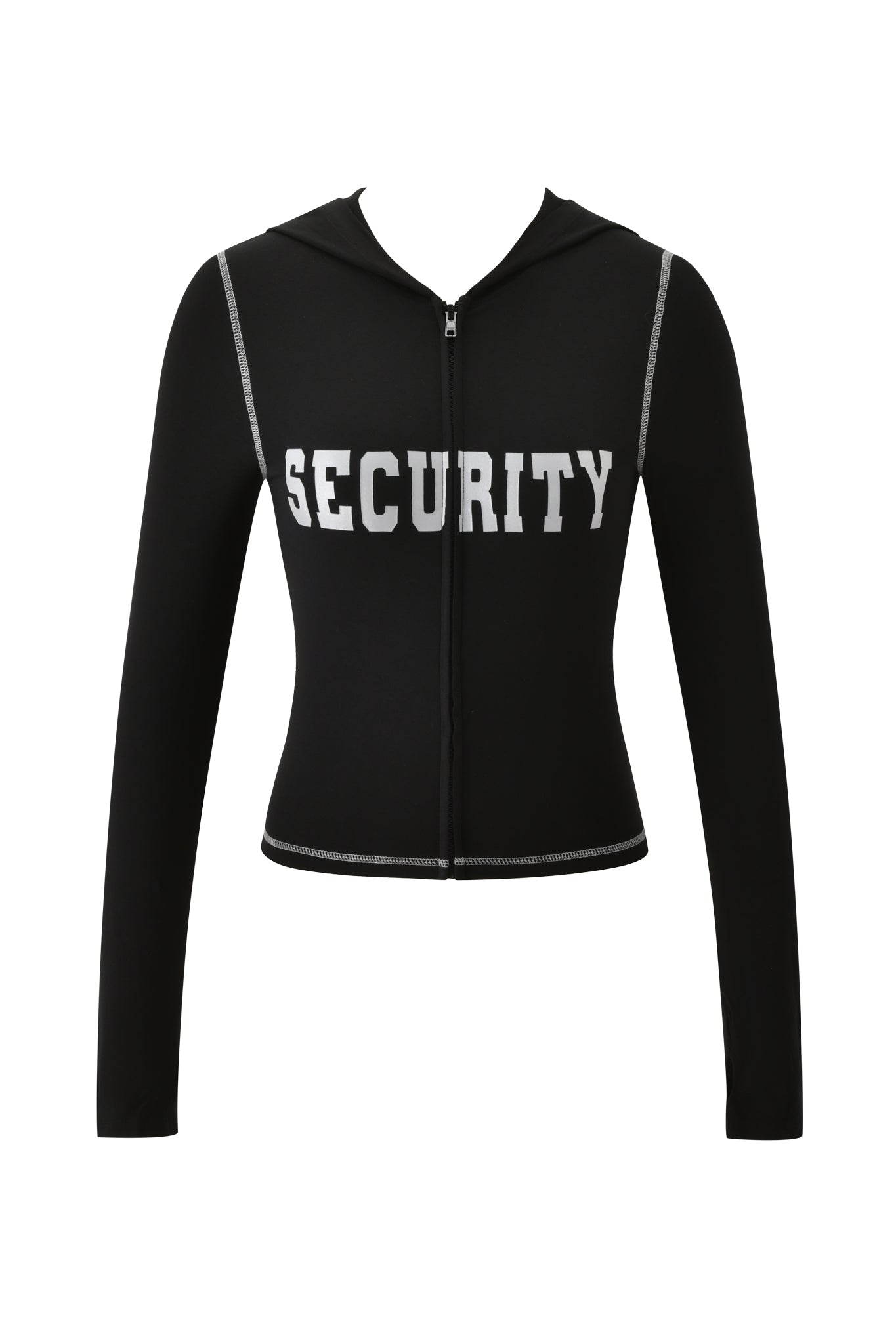The BLARE HOODIE - JET BLACK : SECURITY by I.AM.GIA is a zip-up, long-sleeve black hoodie featuring the word “SECURITY” printed in bold white letters across the chest. It is shown against a plain white background.
