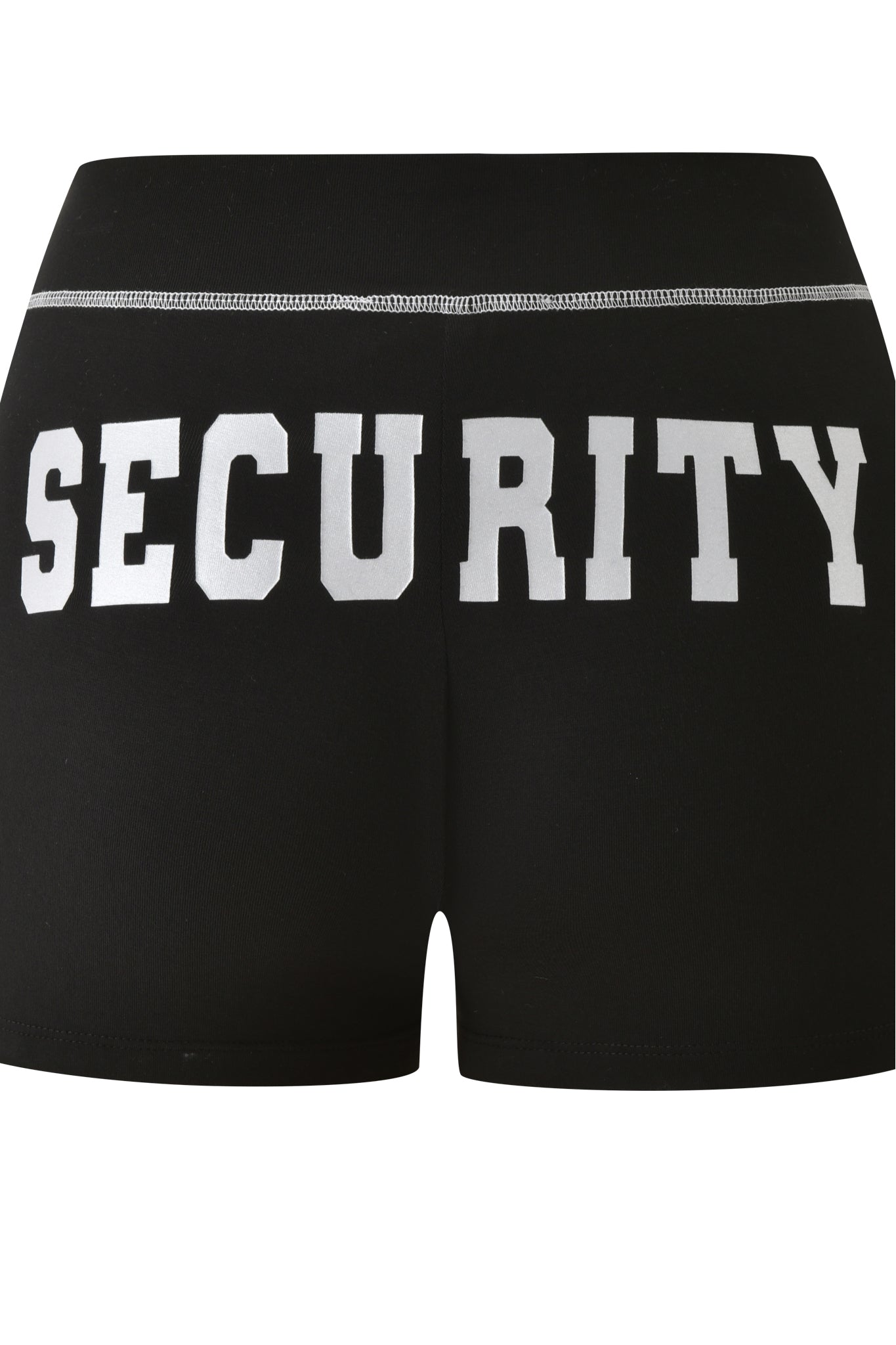 The BLARE SHORT - JET BLACK : SECURITY by I.AM.GIA features a mid-rise waist and the word “SECURITY” boldly printed in white capital letters across the back.