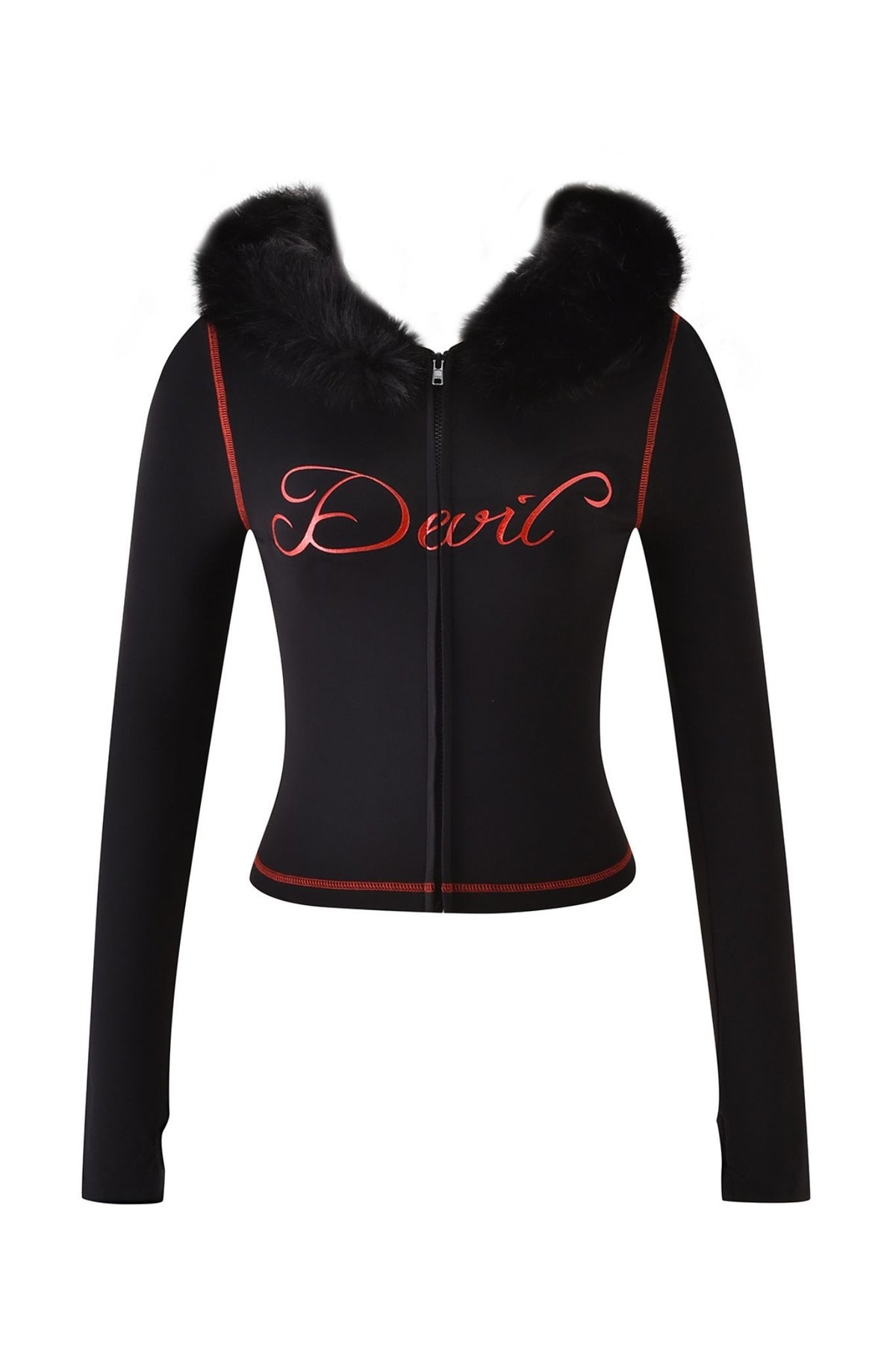 The BLARE FUR TRIM HOODIE - BLACK by I.AM.GIA features long sleeves, a black zip-up design, faux fur trim on the hood, red stitching details, and “Devil” embroidered in bold red script across the chest—an eye-catching hoodie ideal for making a statement.